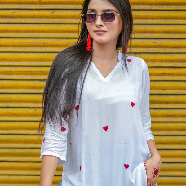 Zibaa White & Red Modal Chikankari Kurta
