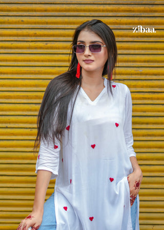 Zibaa White & Red Modal Chikankari Kurta
