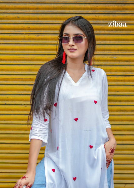 Zibaa White & Red Modal Chikankari Kurta
