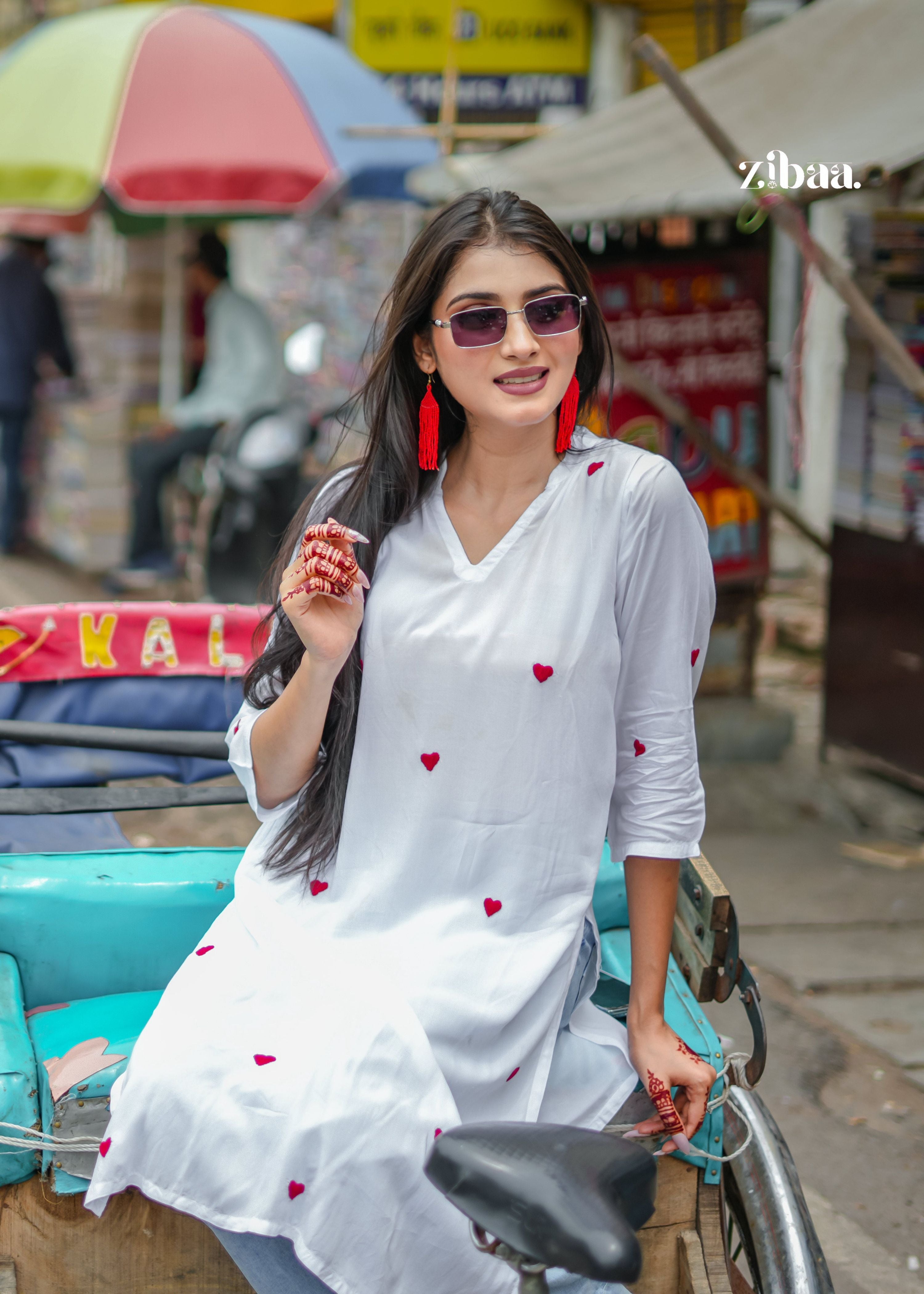 Zibaa White & Red Modal Chikankari Kurta