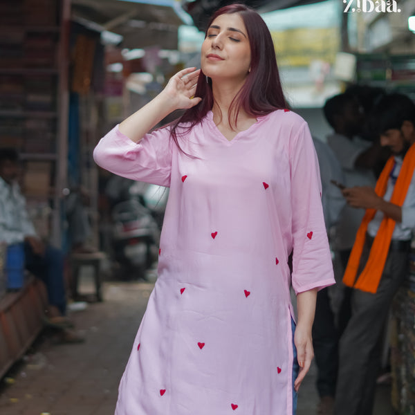 Zibaa Pink & Red Modal Chikankari Kurta