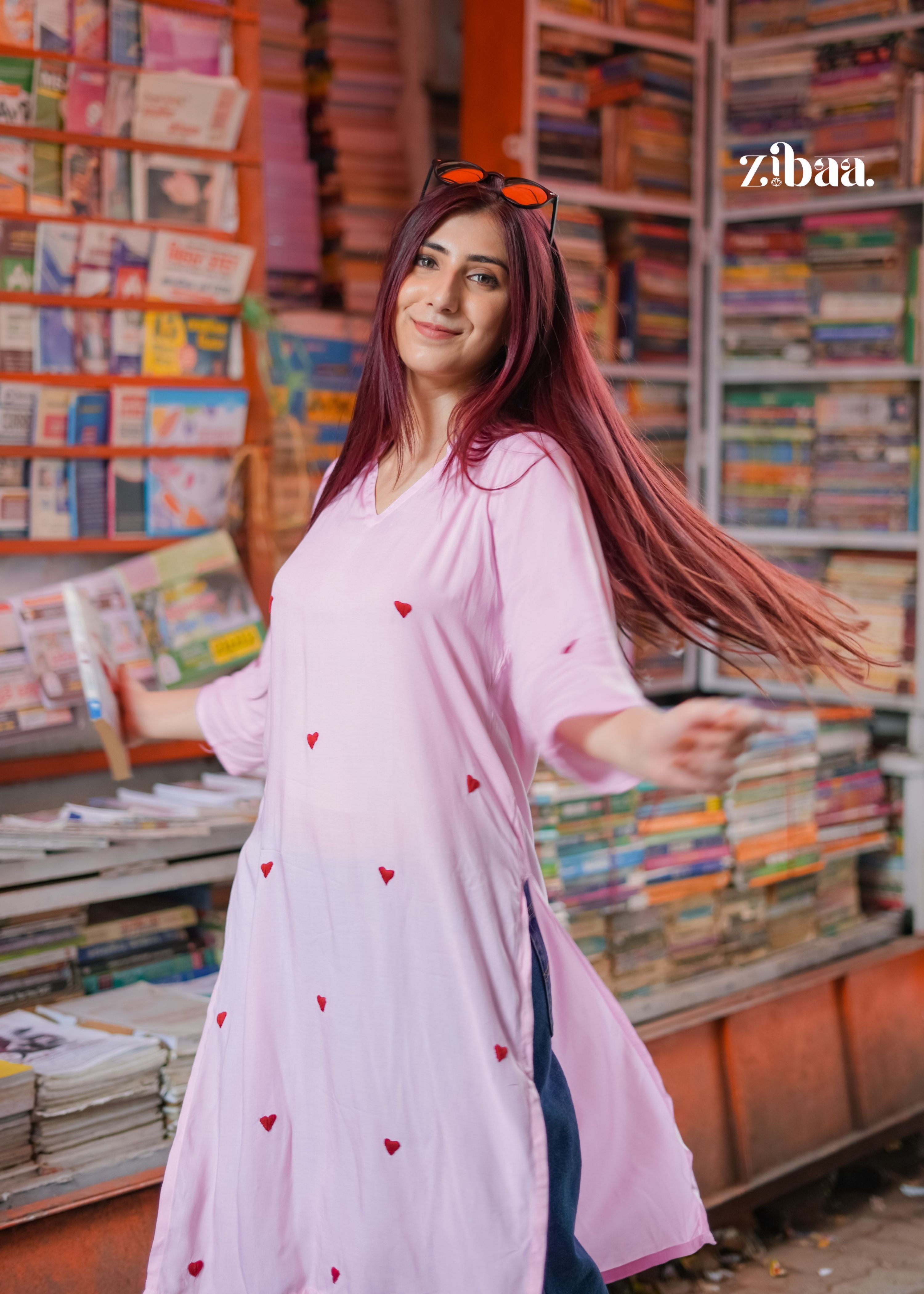 Zibaa Pink & Red Modal Chikankari Kurta