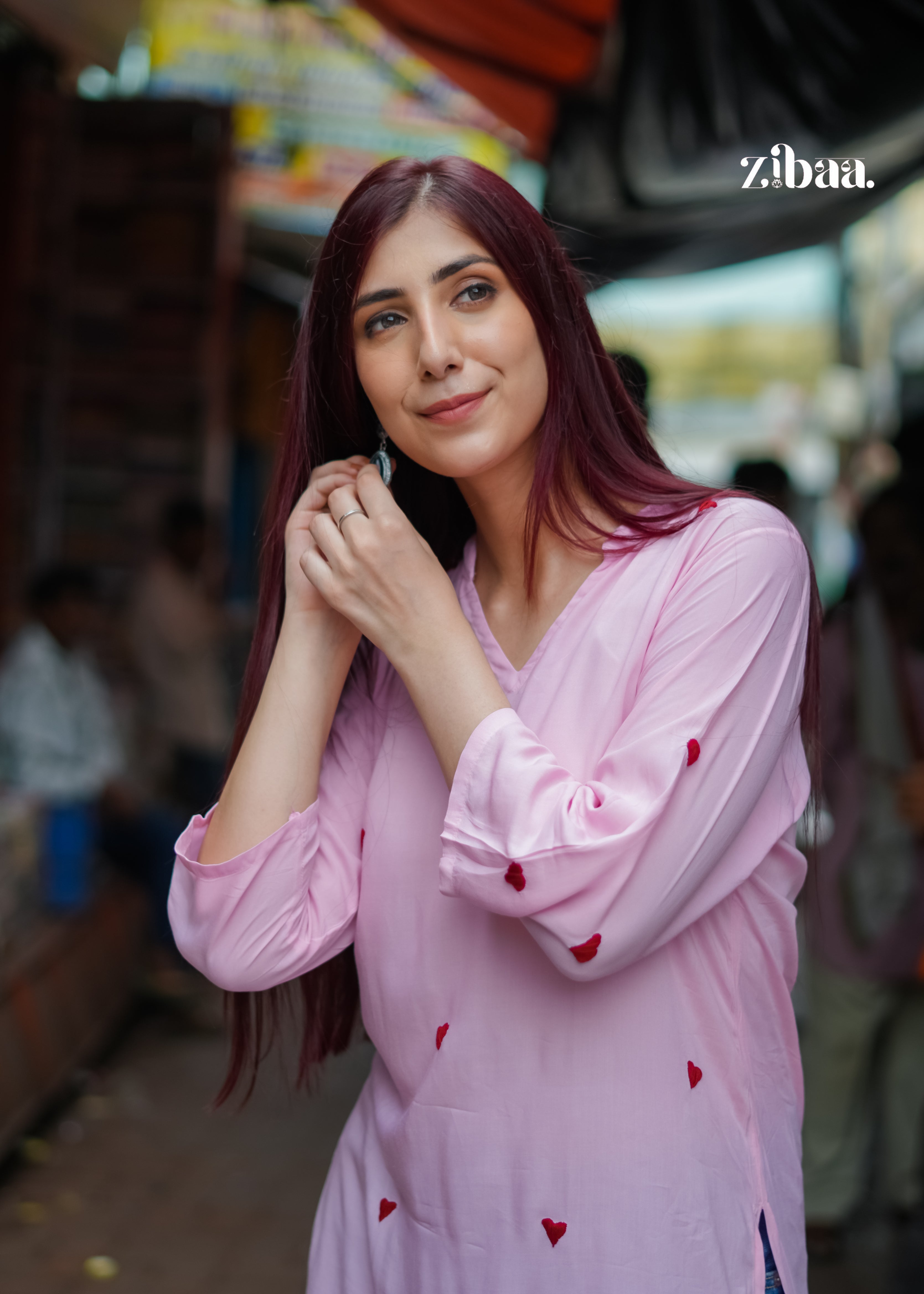 Zibaa Pink & Red Modal Chikankari Kurta