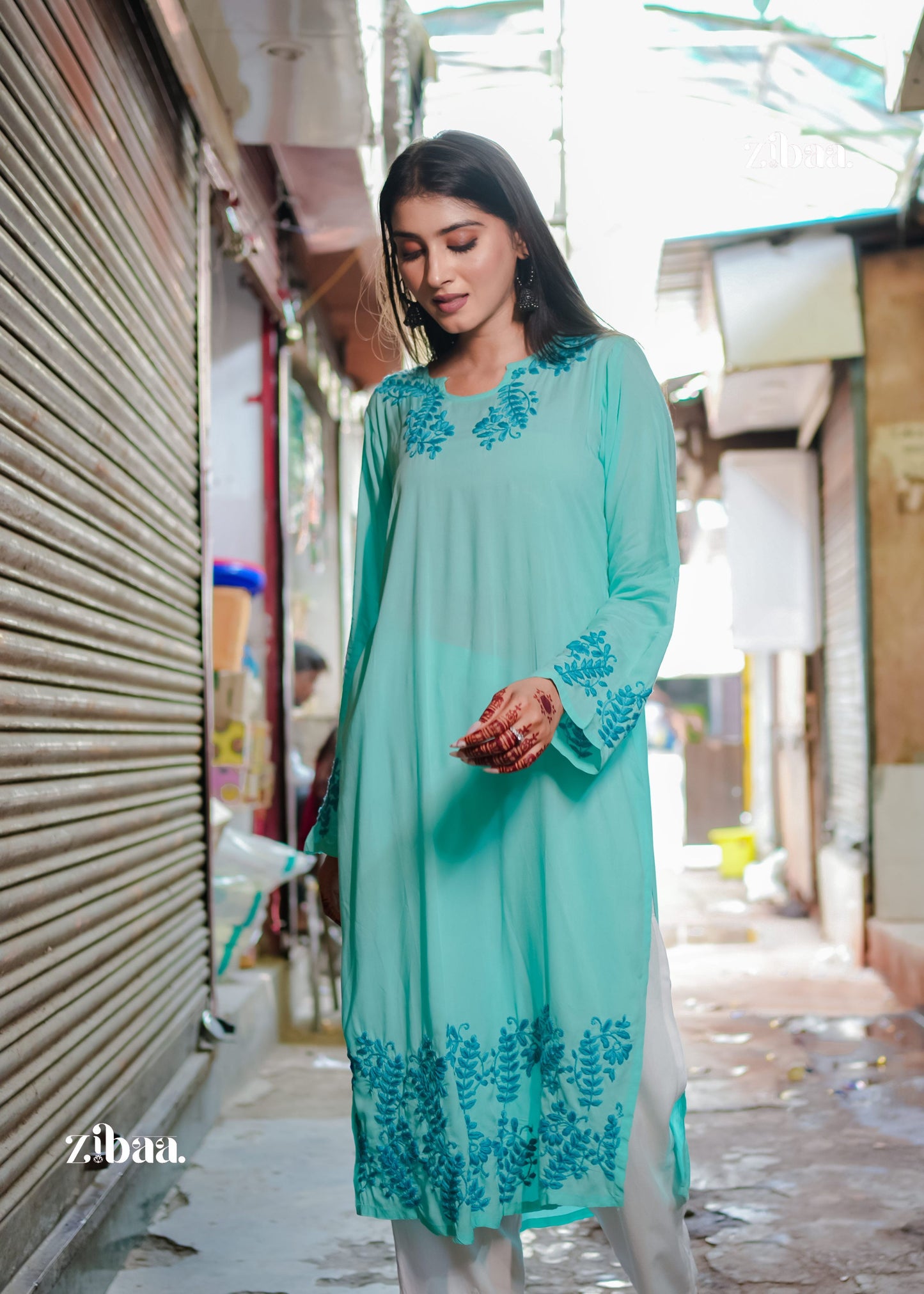 Zibaa Cyan Blue Modal Chikankari Kurta - Distacart