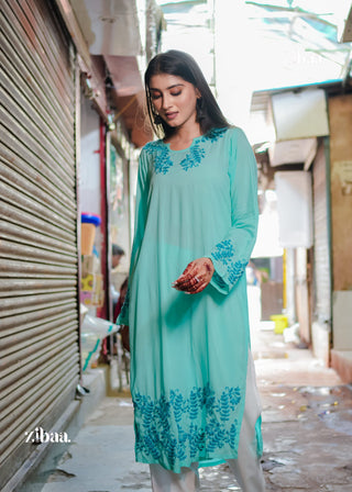 Zibaa Cyan Blue Modal Chikankari Kurta