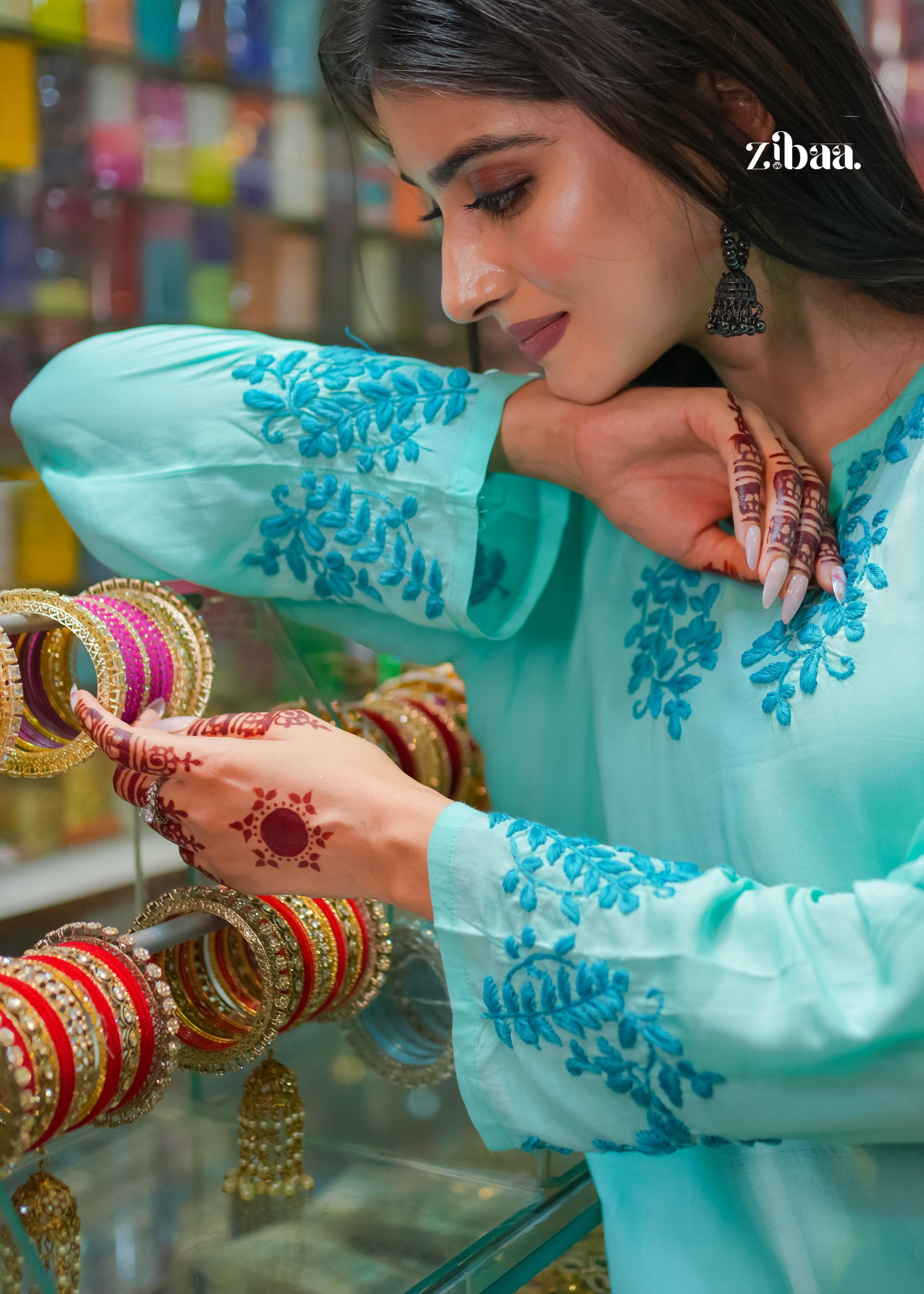 Zibaa Cyan Blue Modal Chikankari Kurta