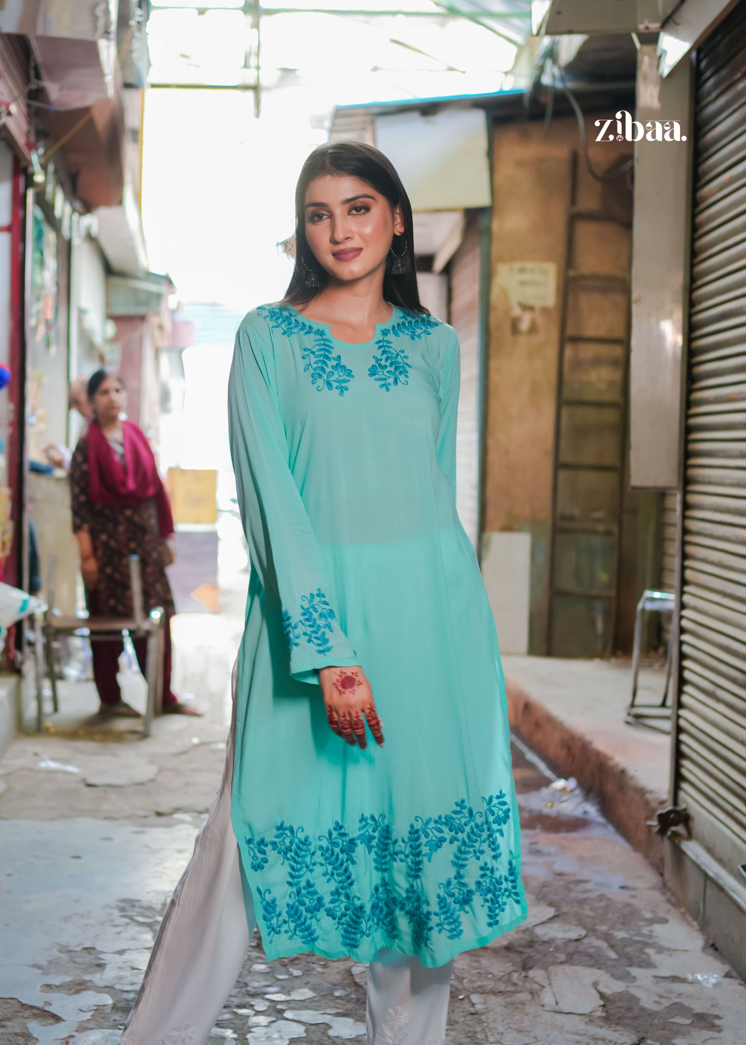 Zibaa Cyan Blue Modal Chikankari Kurta