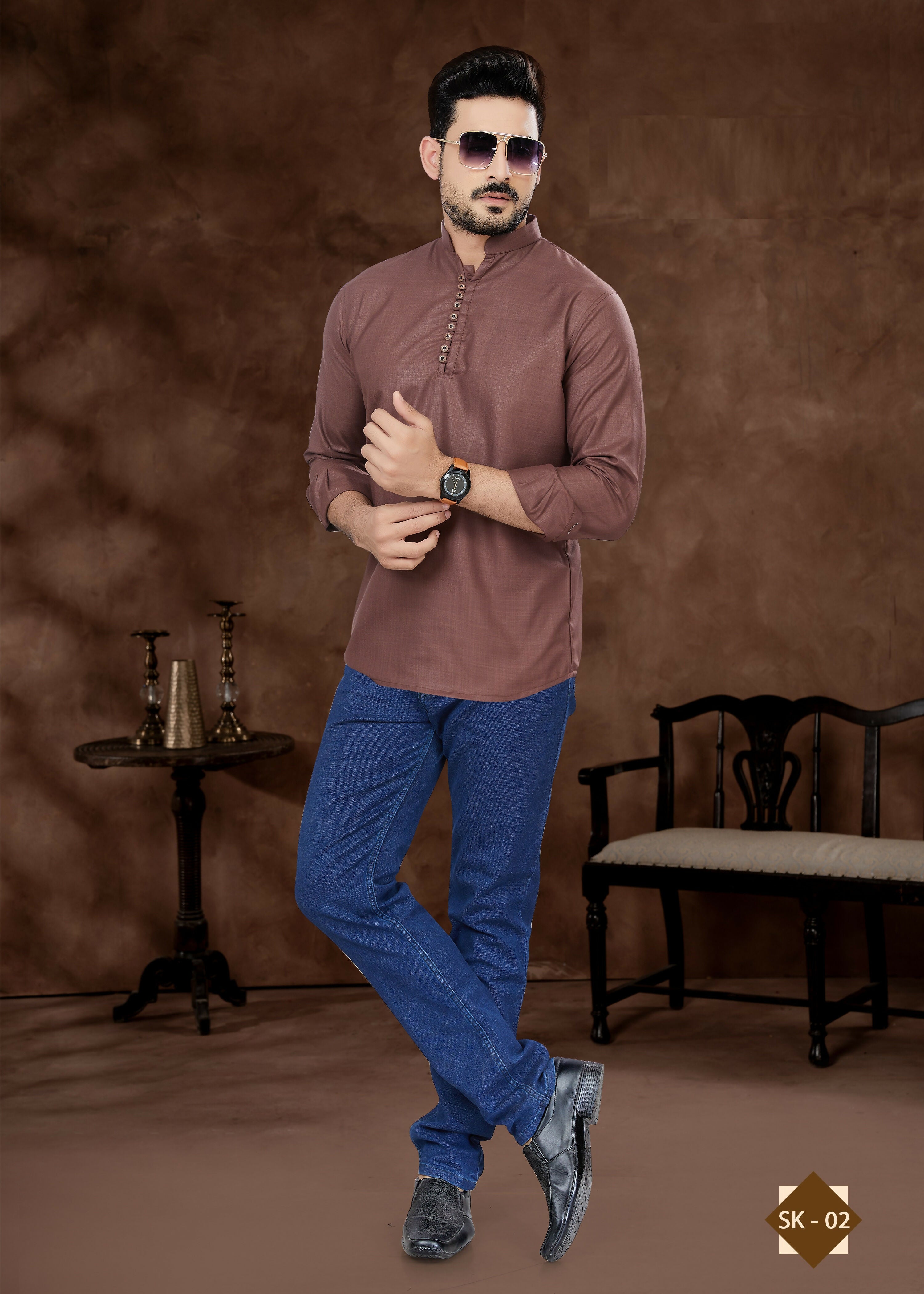 Joban Fashion Men's Pure Cotton Brown Plain Short Kurta