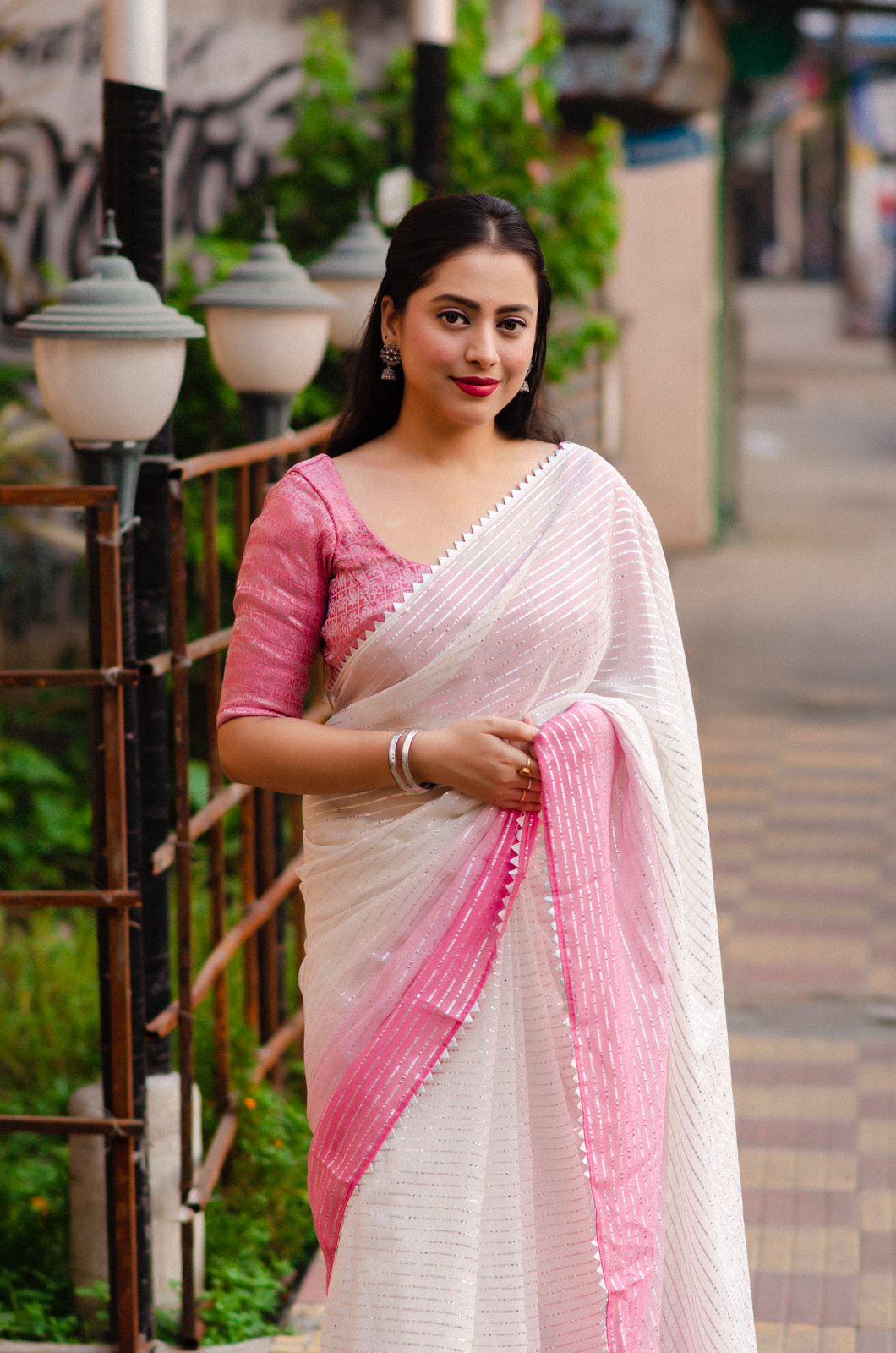 Pink Poly Chiffon Striped Saree with Unstitched Blouse - Hiral Fashion - Distacart