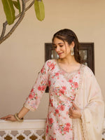 Thumbnail for The52 White Women's Gorgeous Embroidered Chinon Fabric Straight Kurta Palazzo and Dupatta Set - Distacart