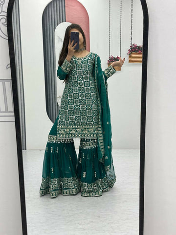 Teeya Creation Womens New Heavy Fox Georgette Fabric With Heavy Embroidery Work Green Kurta Set - Dista