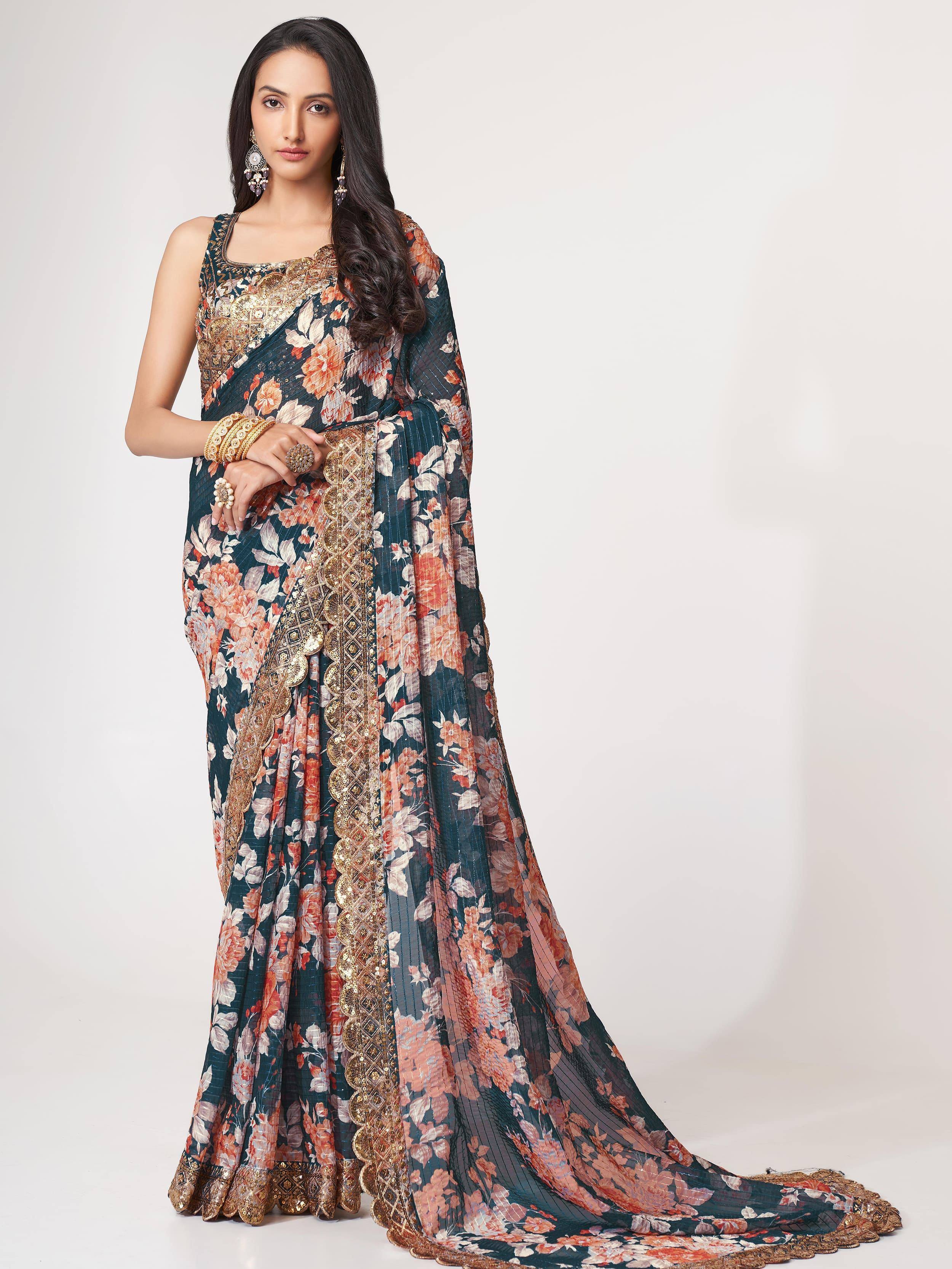 Tulsi Art Fascinating Dove Blue Floral Printed Organza Events Wear Saree With Blouse - Dista