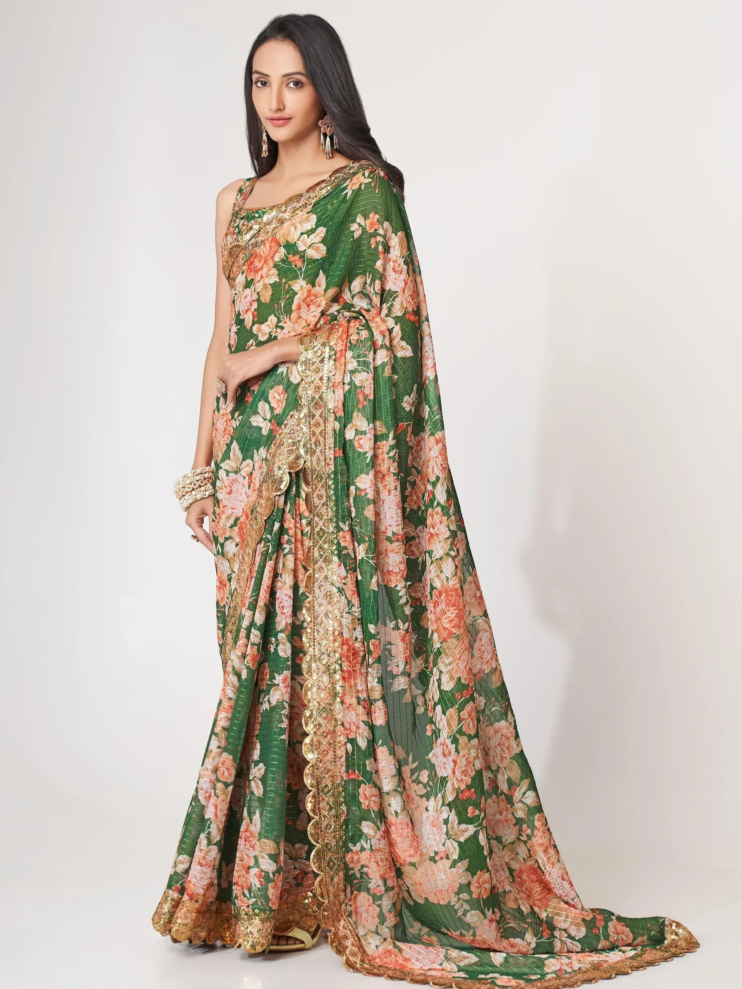 Tulsi Art Mesmerizing Green Floral Printed Organza Festive Wear Saree - Dista