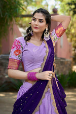 Thumbnail for Vastranavya Stunning Cotton Silk Thread Embroidery Work Lehenga Choli - Lavander - Distacart