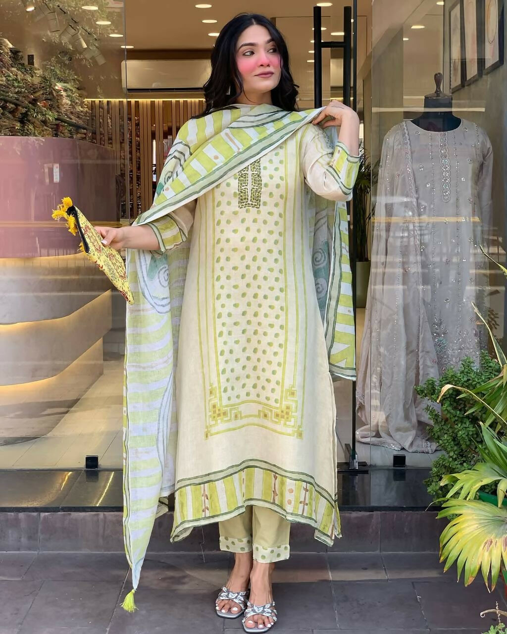 The52 Multi Women's Gorgeous Linen Silk Fabric Embroidered Work Straight Kurta Pant and Dupatta Set - Distacart