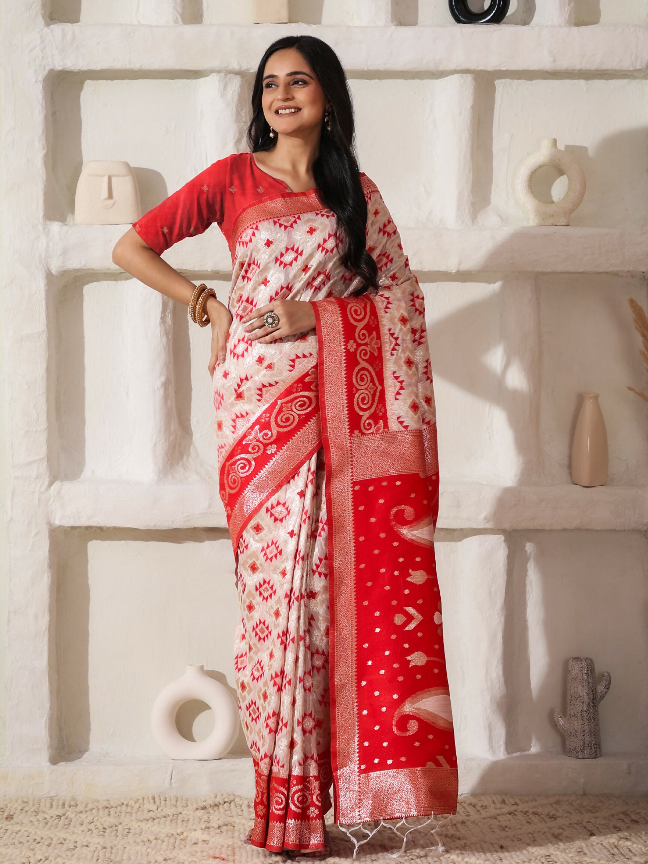 Astita Linen Cotton Red & White Saree