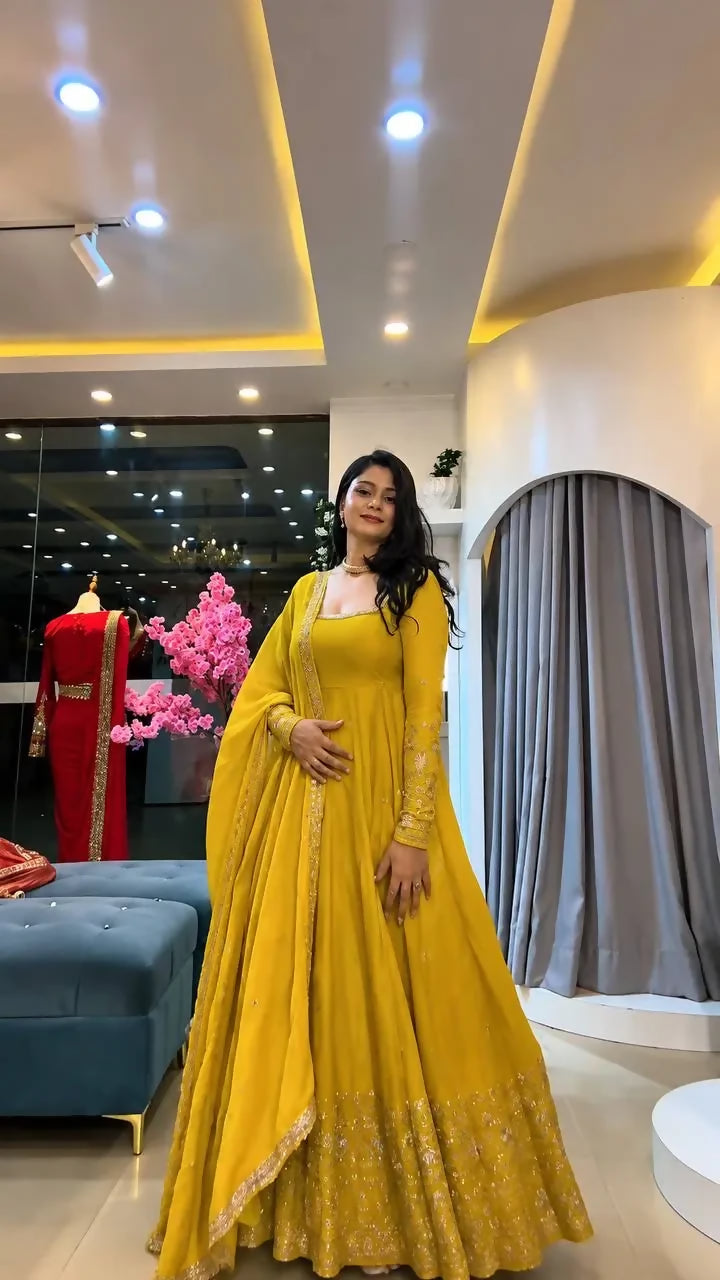 Teeya Creation Yellow Heavily Embroidered Anarkali Suit Set