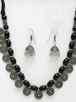 Thumbnail for NVR Women's Black Silver-Plated Choke Oxidized Necklace with Jhumka Earrings - Distacart