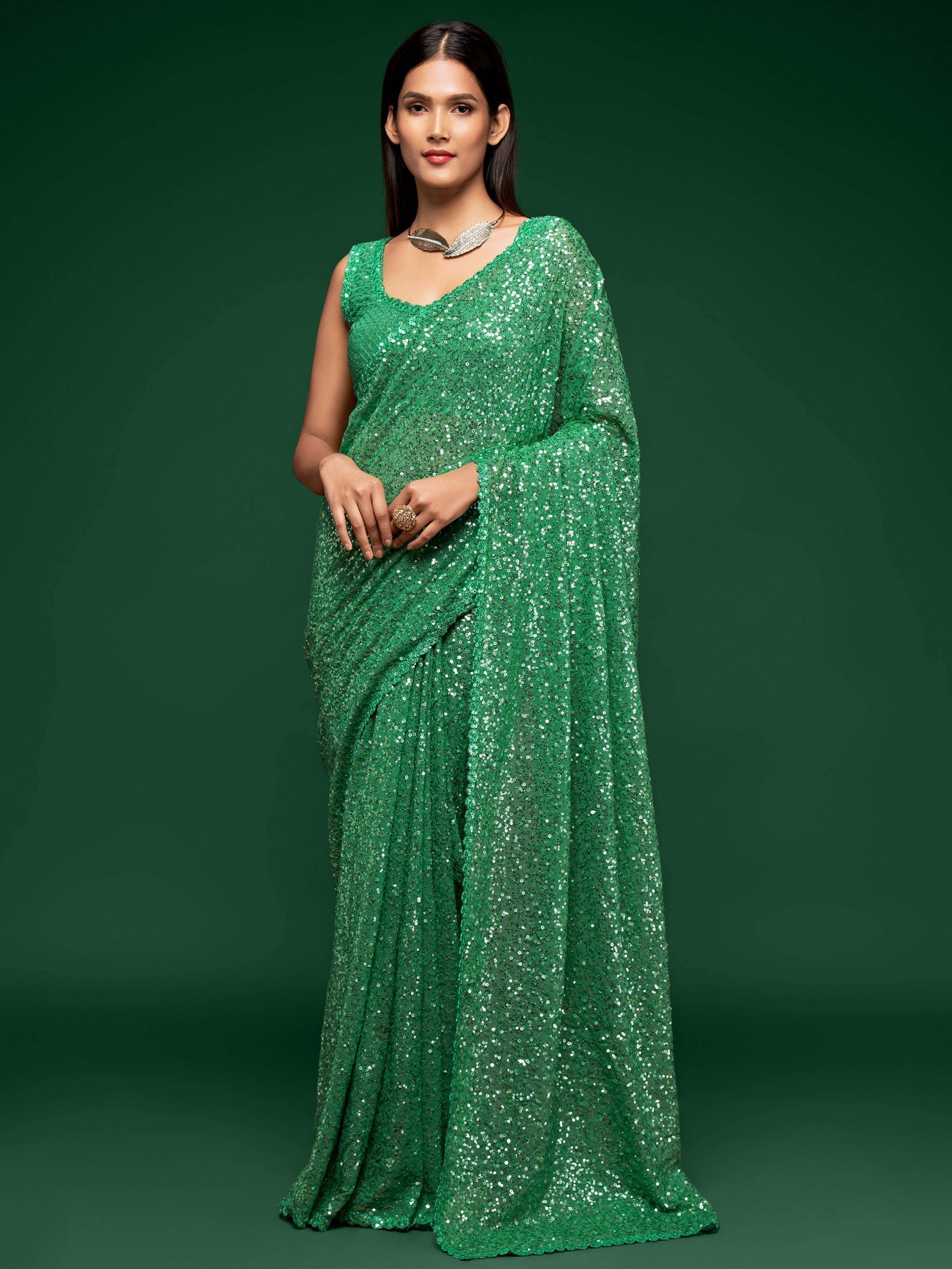 Tulsi Art Sabyasachi Green Sequins Georgette Party Wear Saree With Blouse - Dista