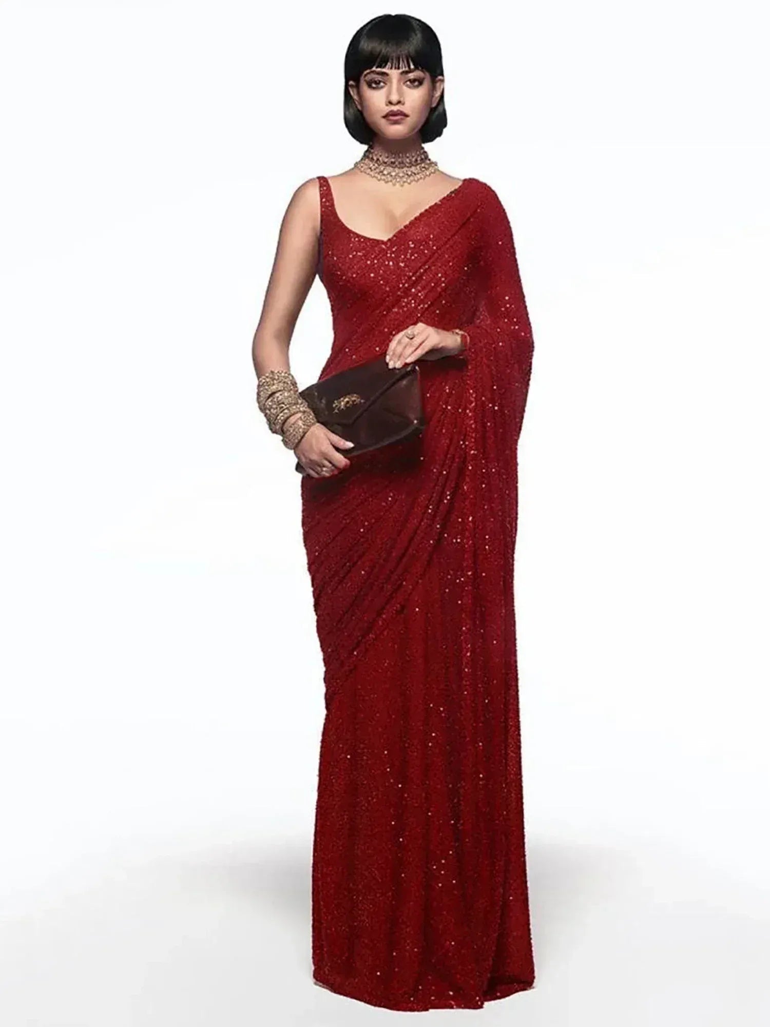 Tulsi Art Sabyasachi Red Sequins Party Wear Saree With Blouse - Dista