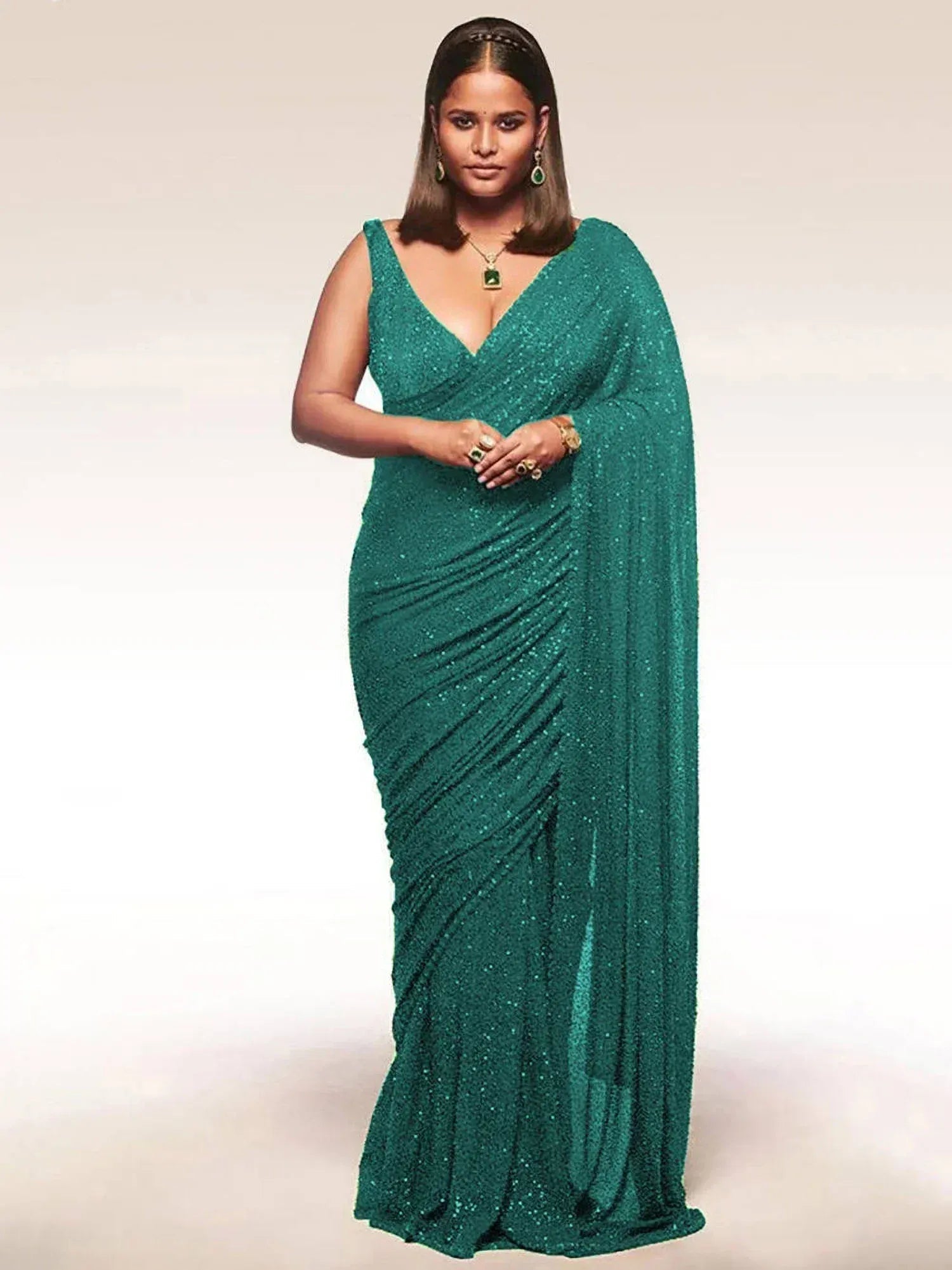 Tulsi Art Sabyasachi Teal Blue Sequins Georgette Party Wear Saree With Blouse - Dista