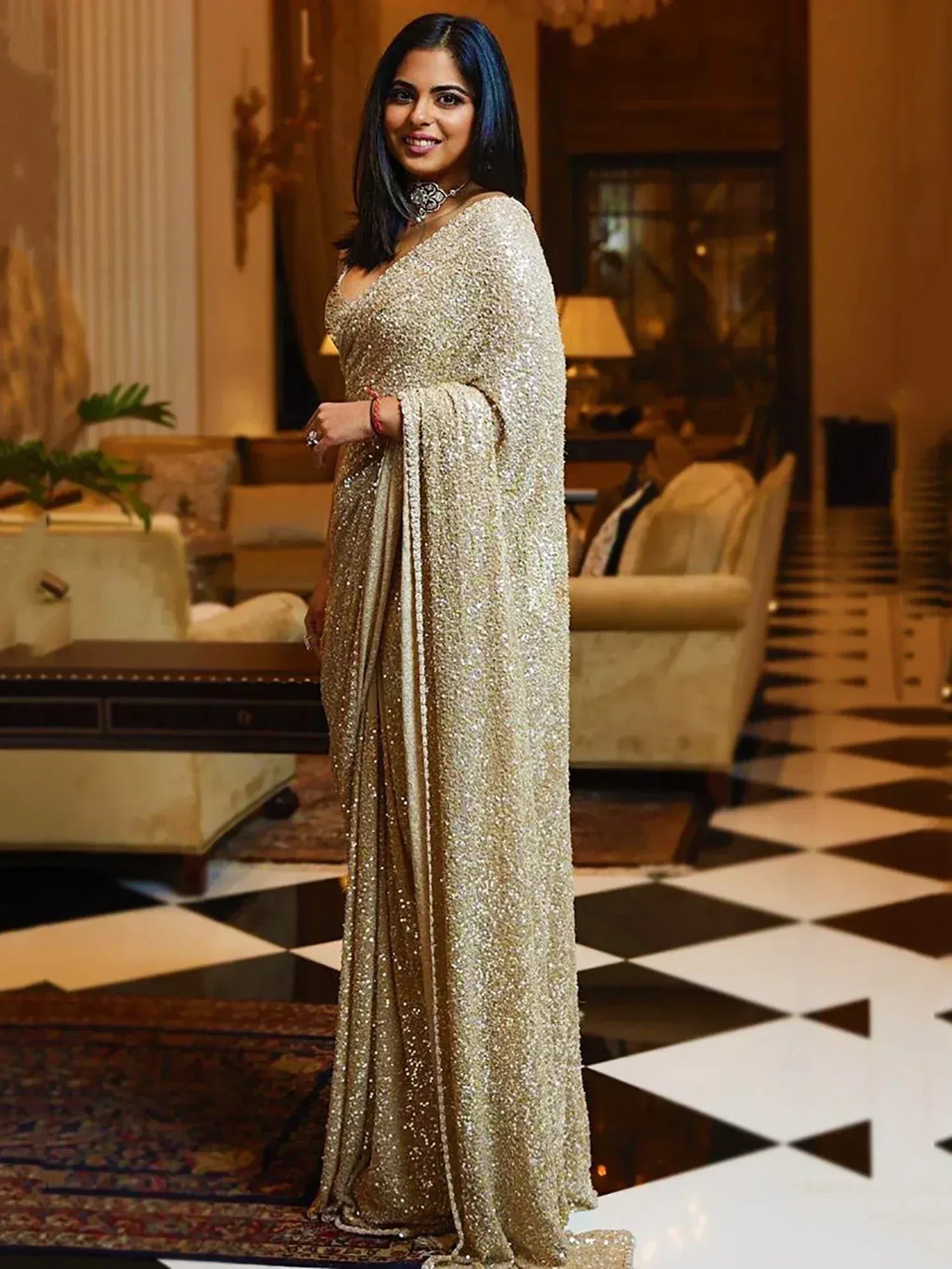Tulsi Art Sabyasachi Cream Sequins Georgette Party Wear Saree With Blouse - Dista