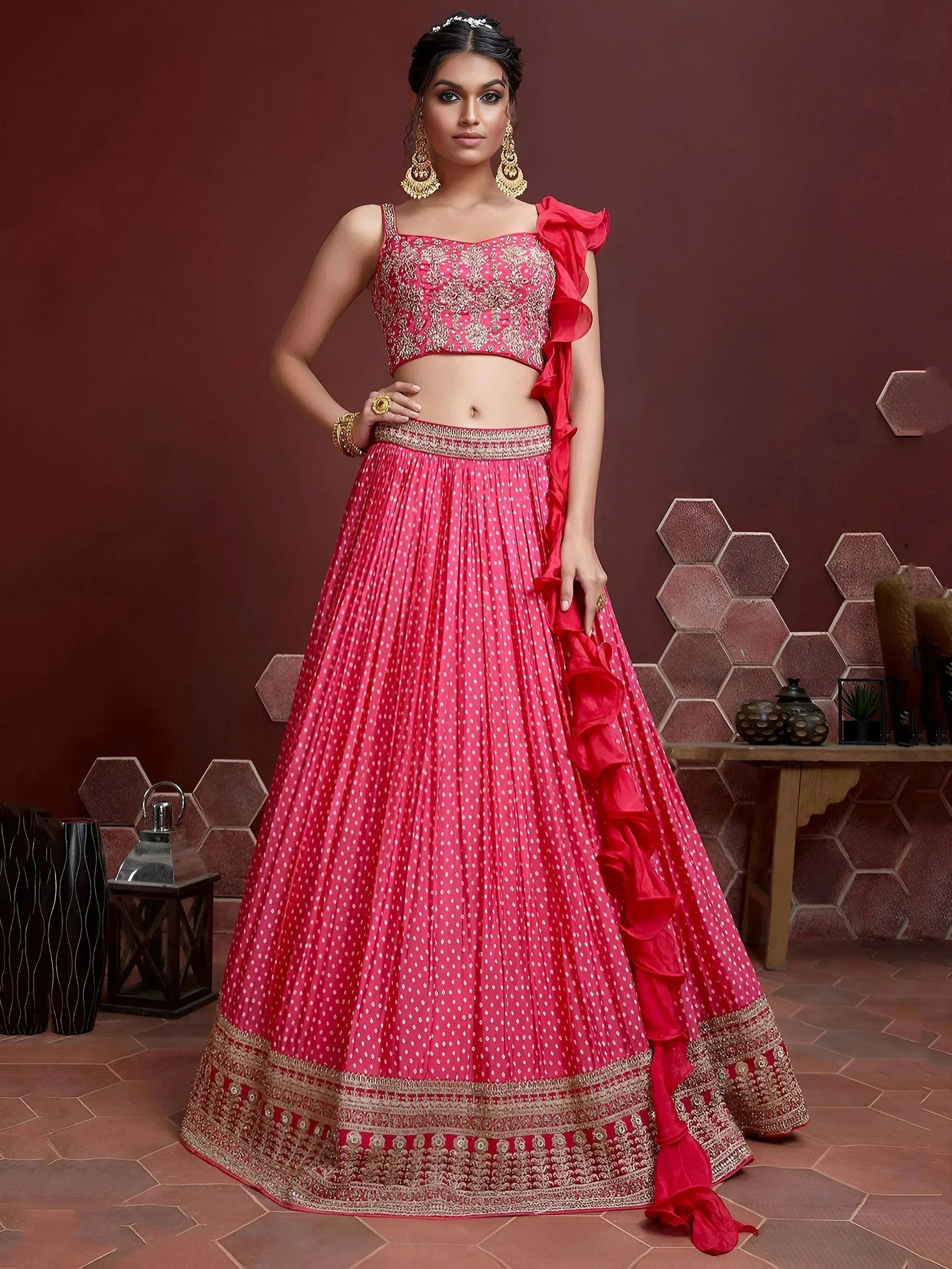 Tulsi Art Pretty Pink Digital Print Embroidery Chinon Silk Party Wear Lehenga Choli - Dista