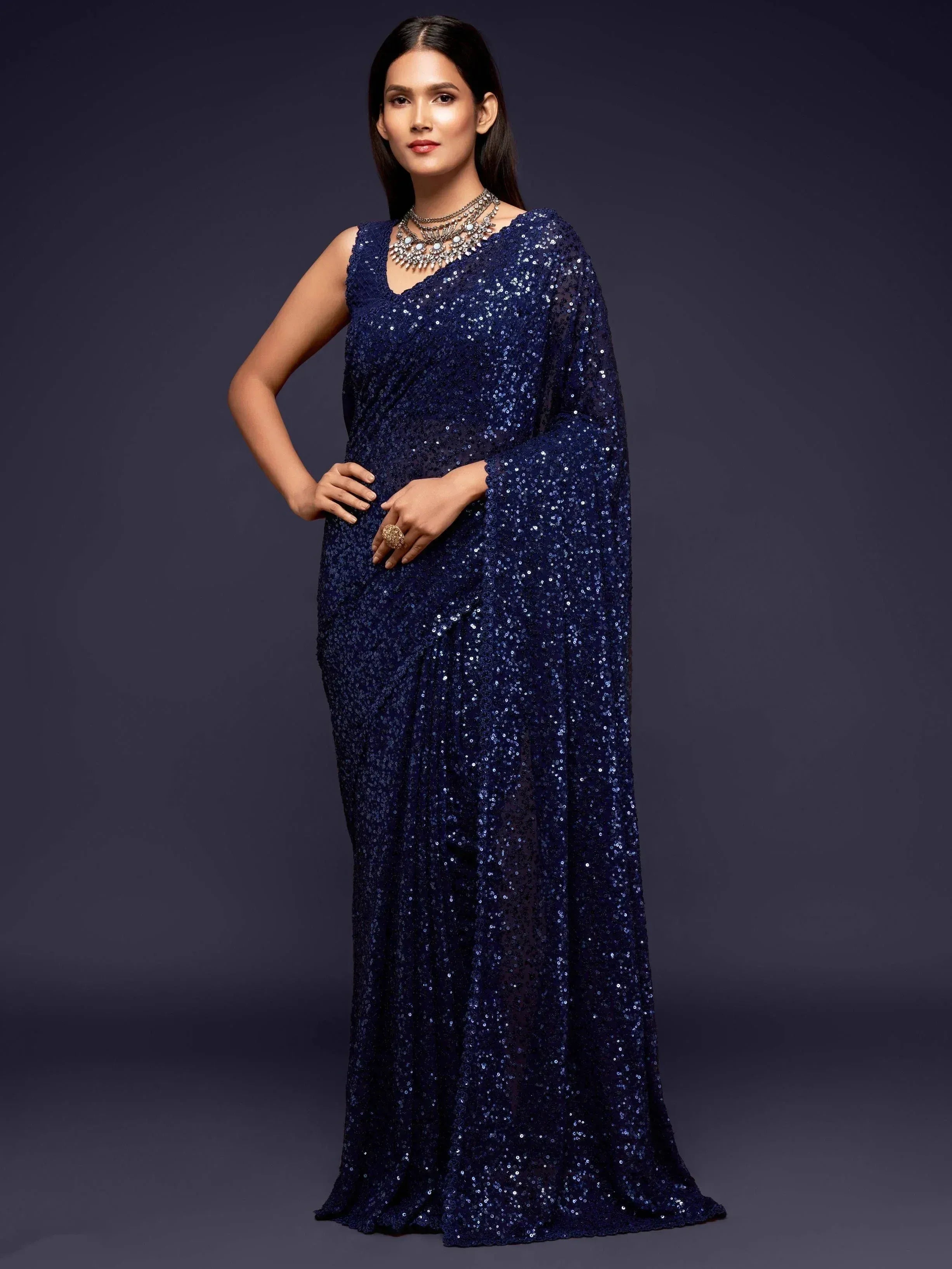 Tulsi Art Sabyasachi Navy Blue Sequins Party Wear Saree With Blouse - Dista
