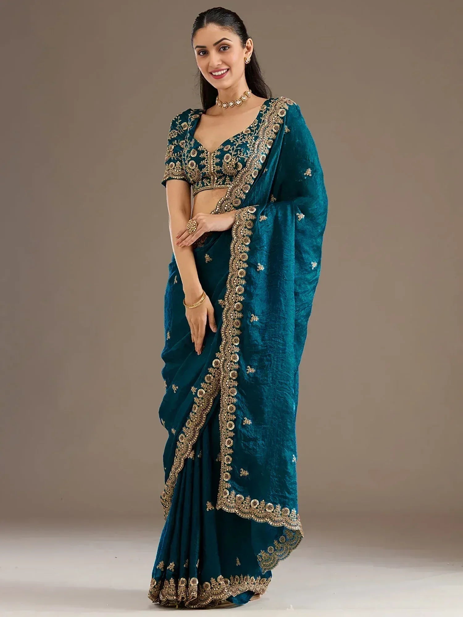 Tulsi Art Elegant Blue Embroidered Tissue Silk Party Wear Saree With Blouse - Dista