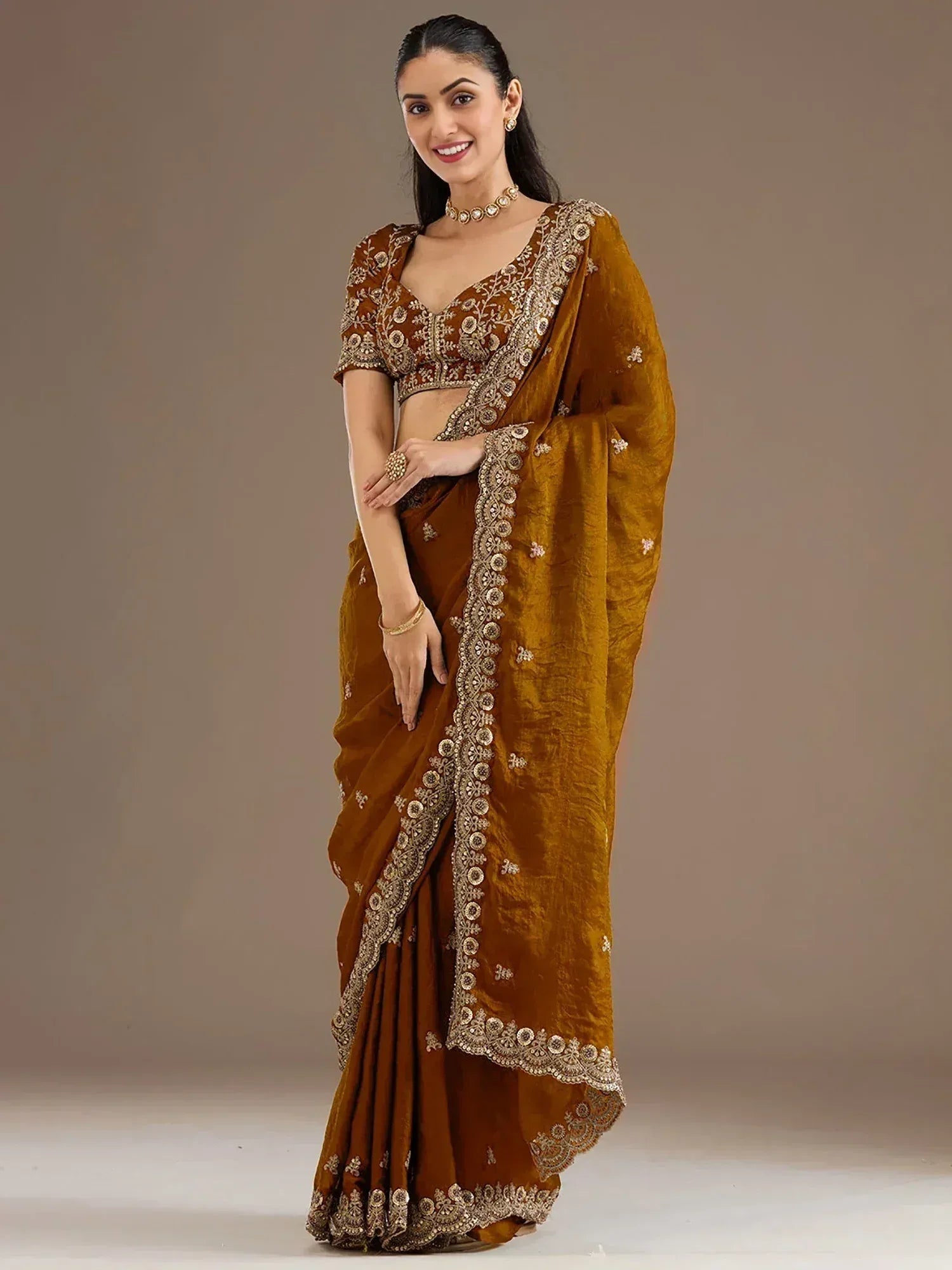 Tulsi Art Classic Golden Zari Embroidered Silk Reception Wear Saree With Blouse - Dista