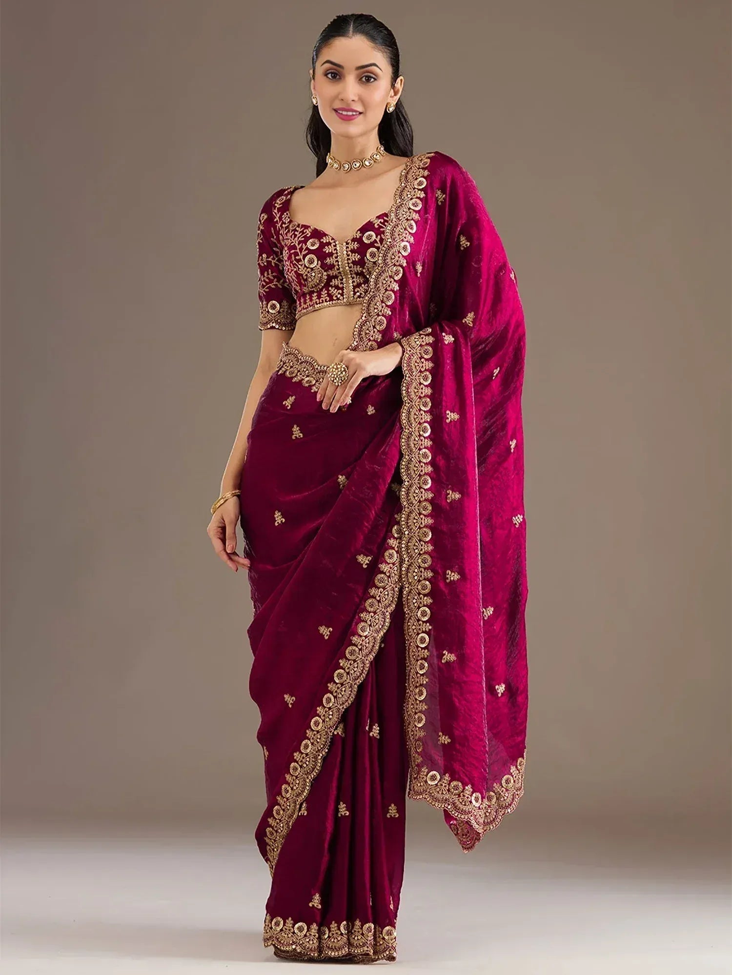 Tulsi Art Alluring Maroon Zari Embroidered Silk Party Wear Saree With Blouse - Dista