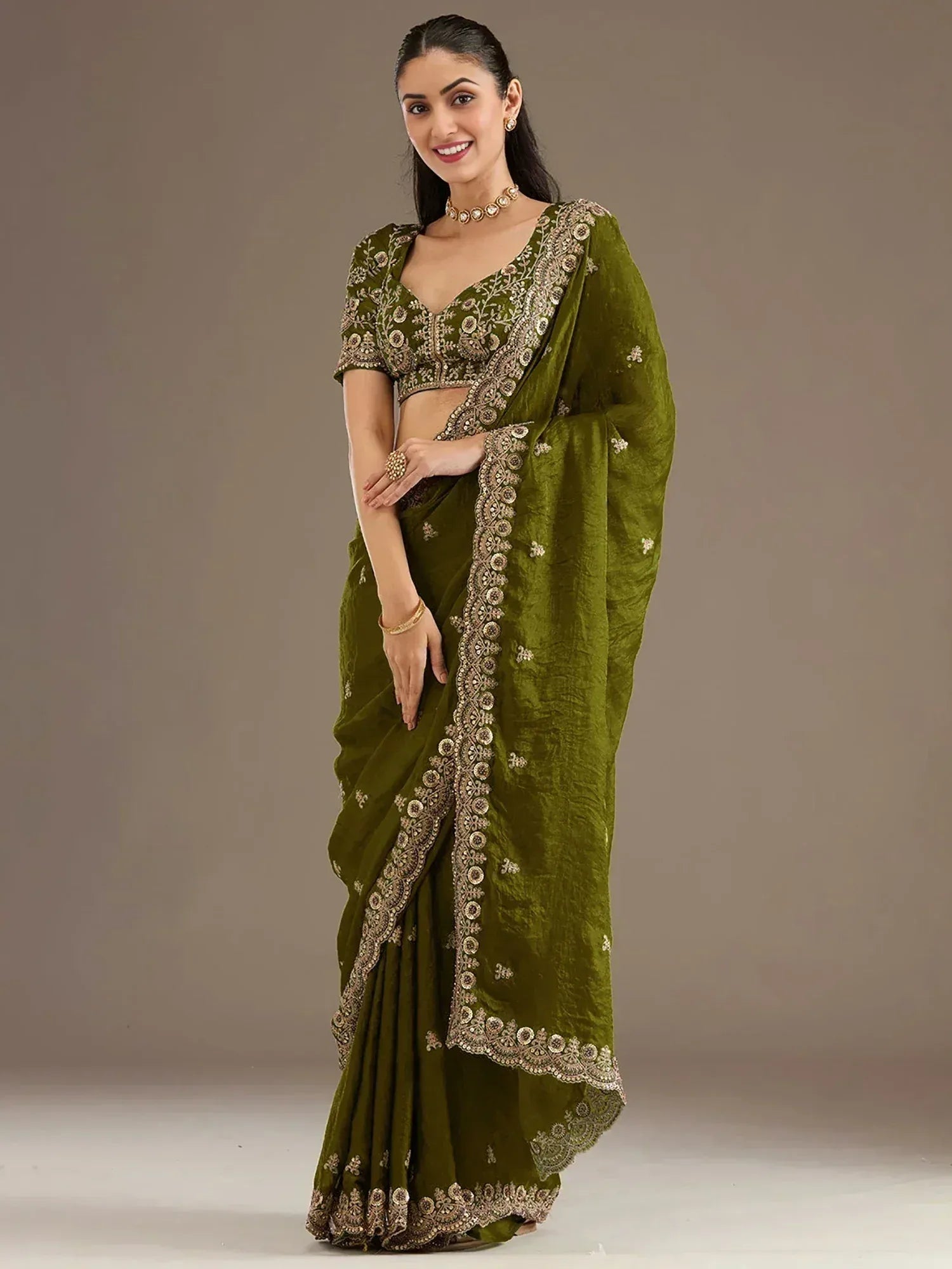 Tulsi Art Amazing Green Embroidered Silk Festival Wear Saree With Blouse - Dista