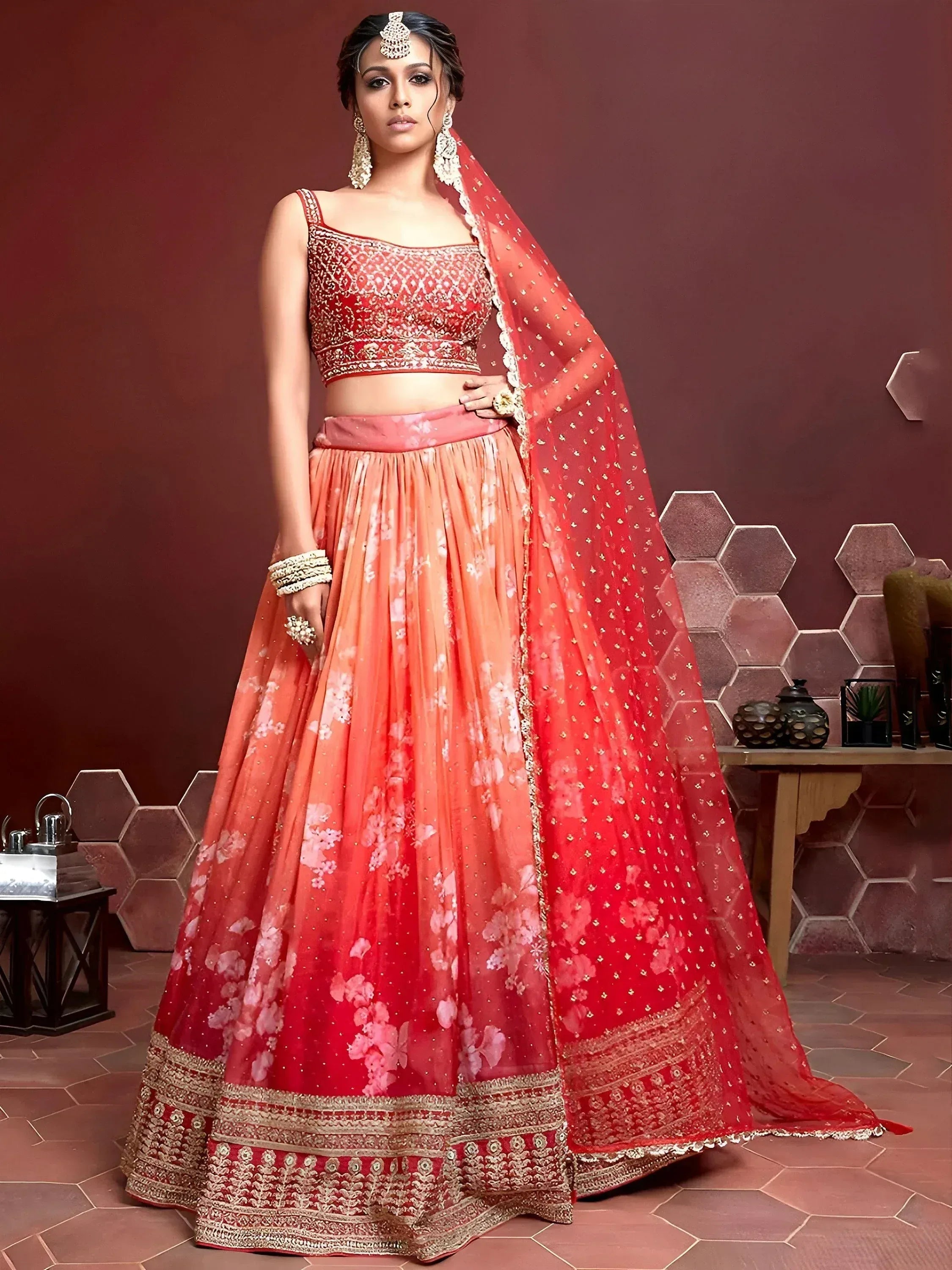 Tulsi Art Marvelous Orange Digital Print Embroidery Tebby Silk Party Wear Lehenga Choli - Dista