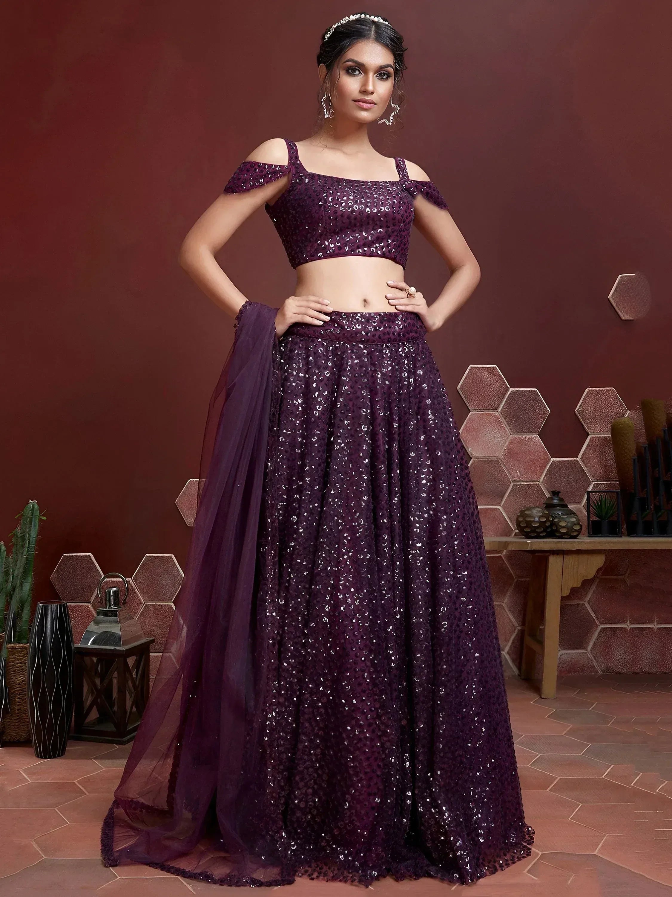 Tulsi Art Fabulous Purple Embroidery Net Party Wear Lehenga Choli - Dista