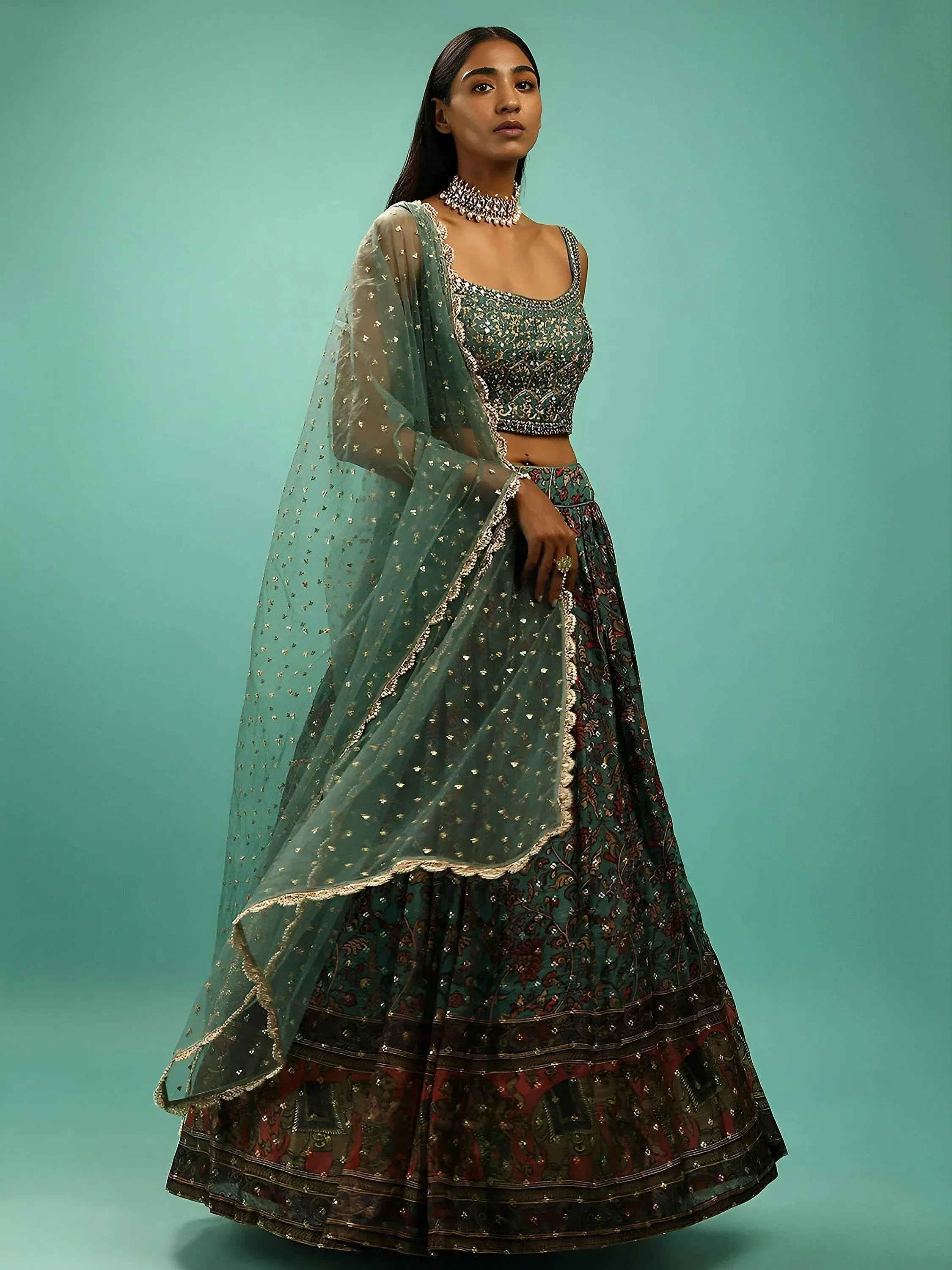 Tulsi Art Charming Green Chinon Digital Print Designer Party Wear Lehenga Choli - Dista