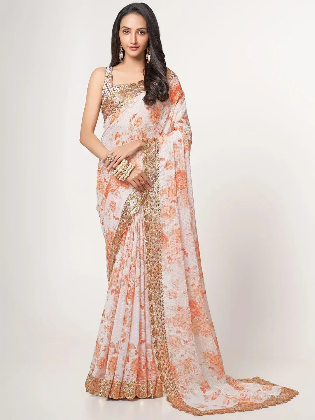 Tulsi Art Gorgeous White Floral Printed Organza Party Wear Saree With Blouse - Dista