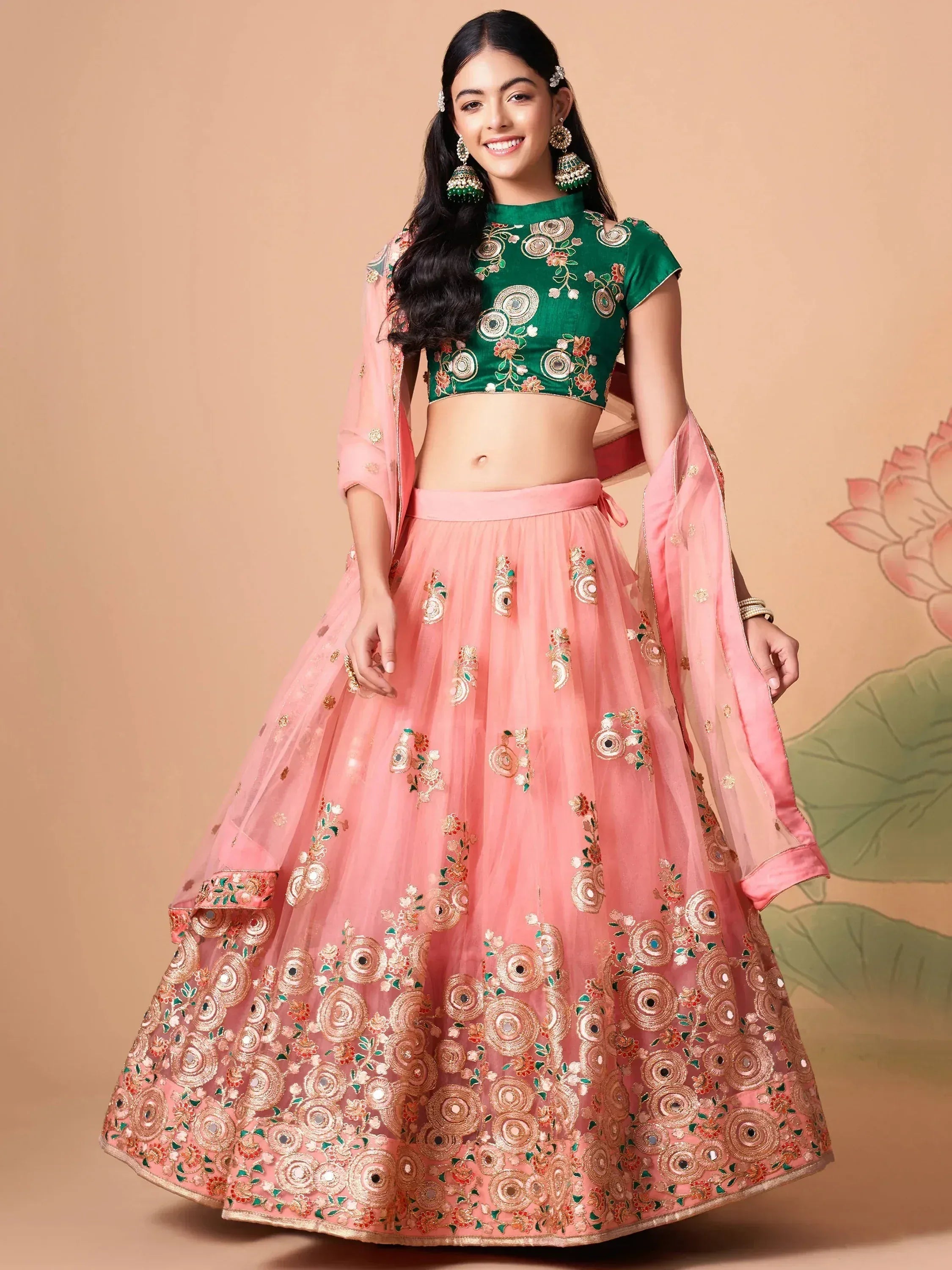 Tulsi Art Elegant Peach Mirror Work Net Party Wear Lehenga Choli - Dista