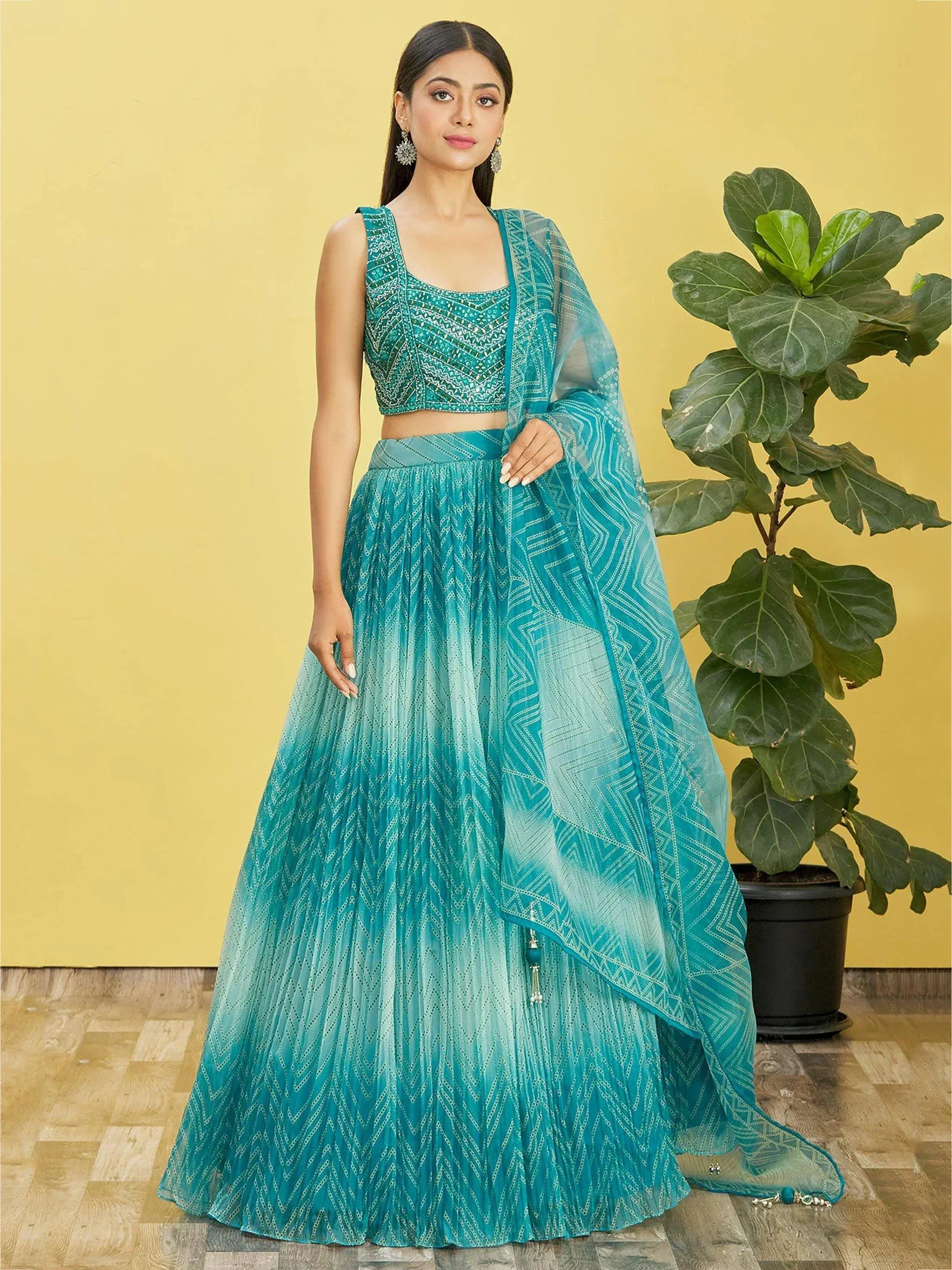 Tulsi Art Beautiful Blue Mirror Work Organza Wedding Wear Lehenga Choli - Dista