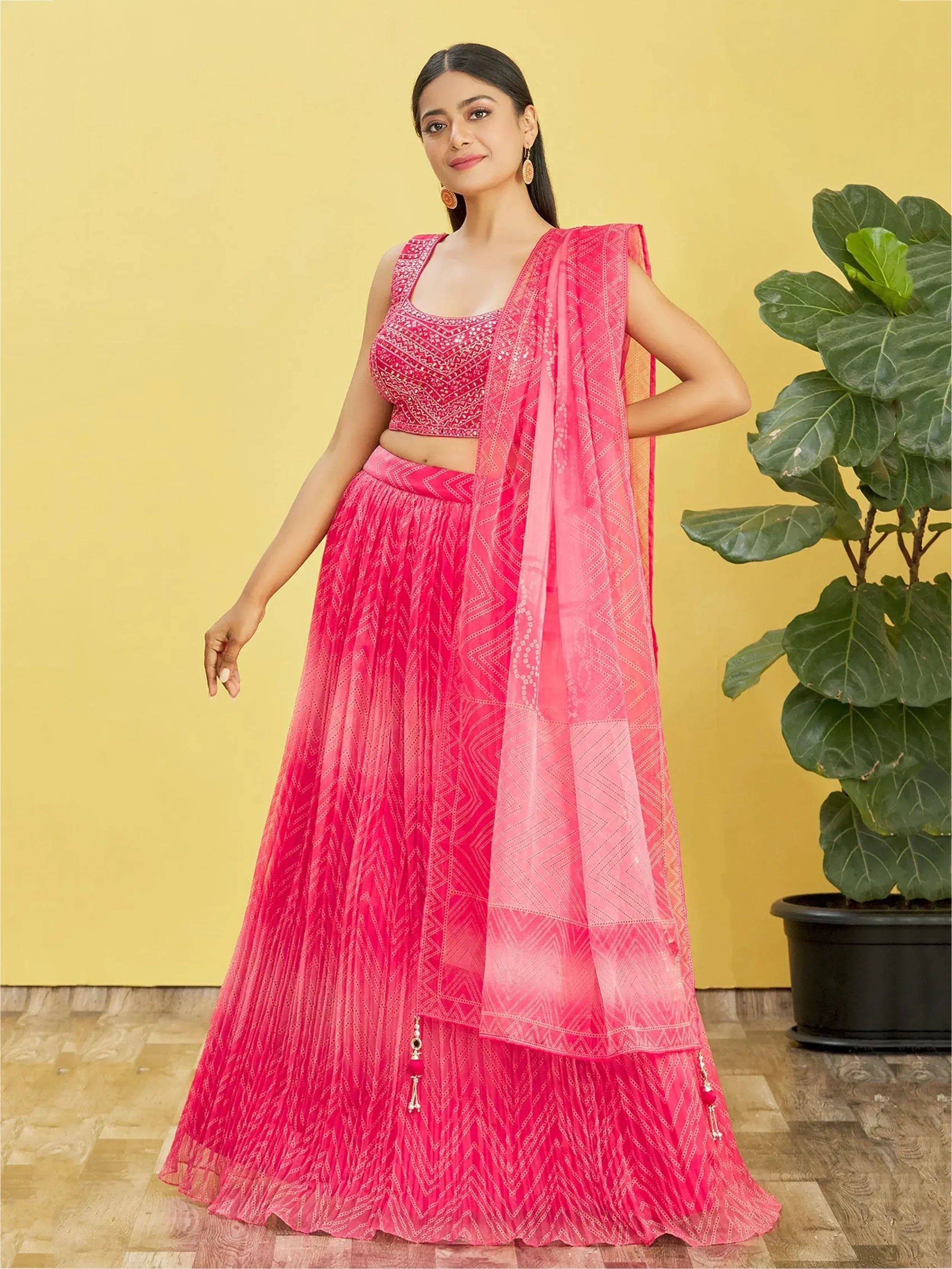 Tulsi Art Gorgeous Pink Mirror Work Organza Reception Wear Lehenga Choli - Dista