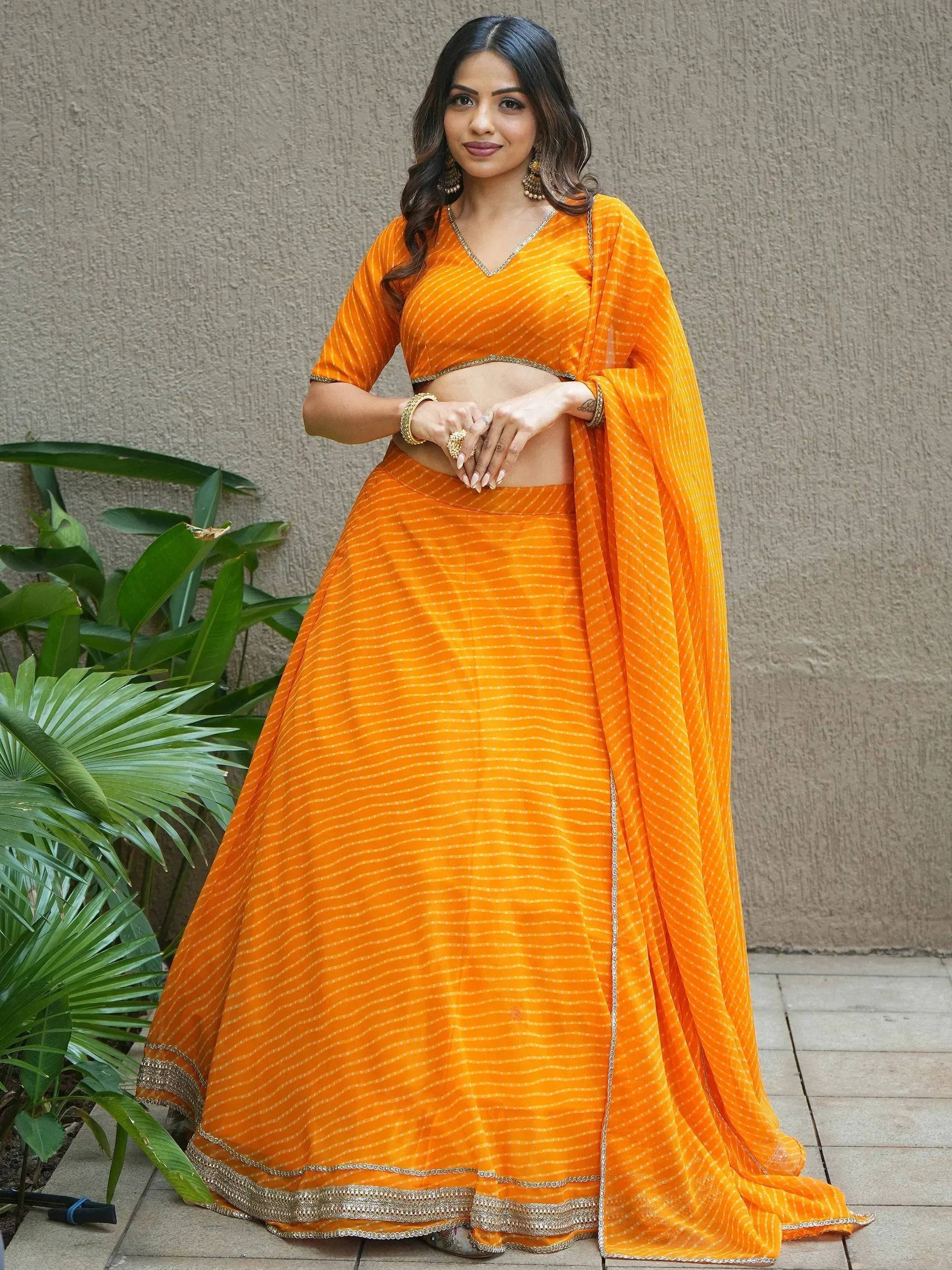 Tulsi Art Amazing Orange Leheriya Print Georgette Haldi Wear Lehenga Choli - Dista