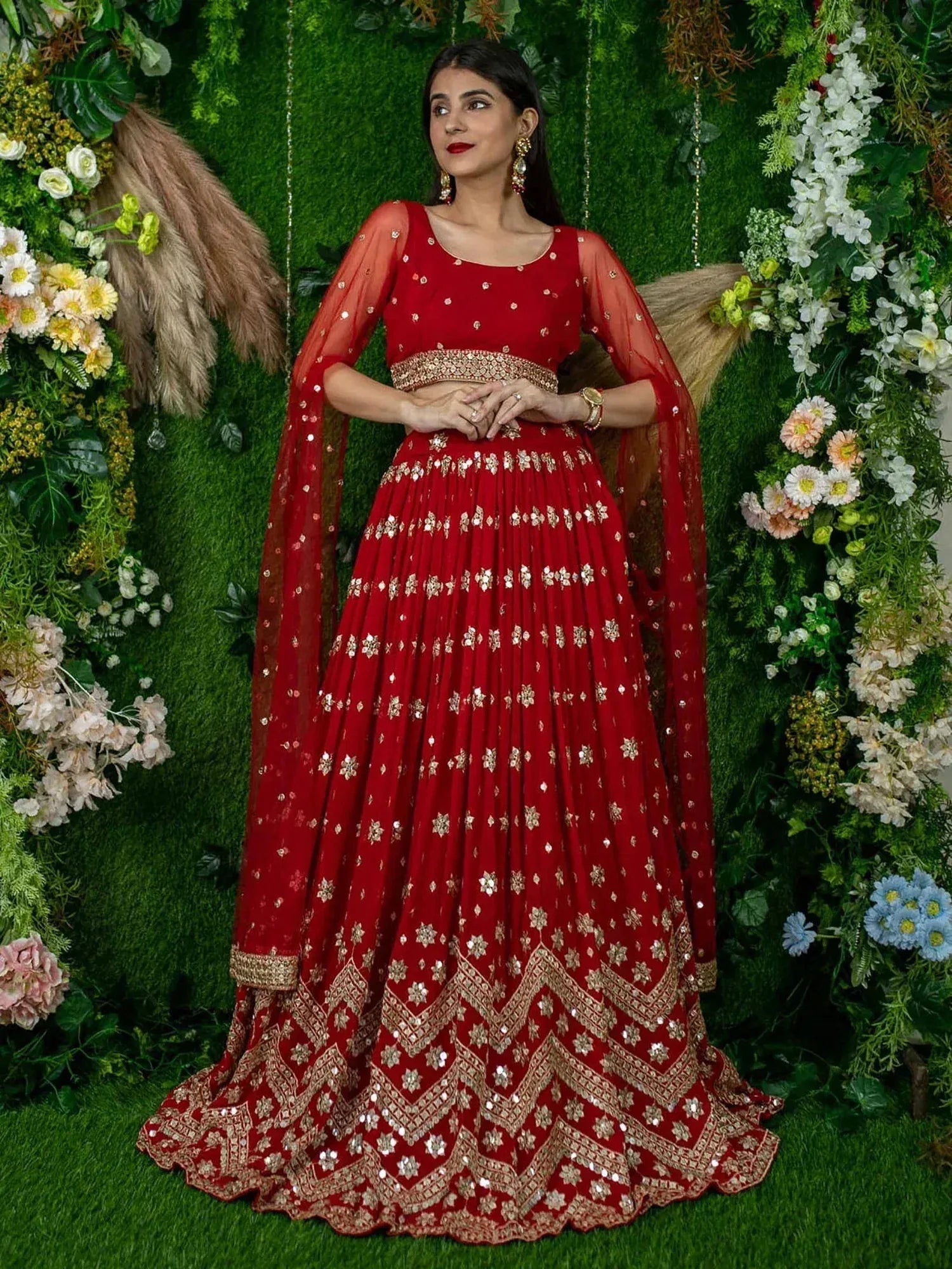 Tulsi Art Alluring Red Sequins Georgette Lehenga Choli With Attached Dupatta
