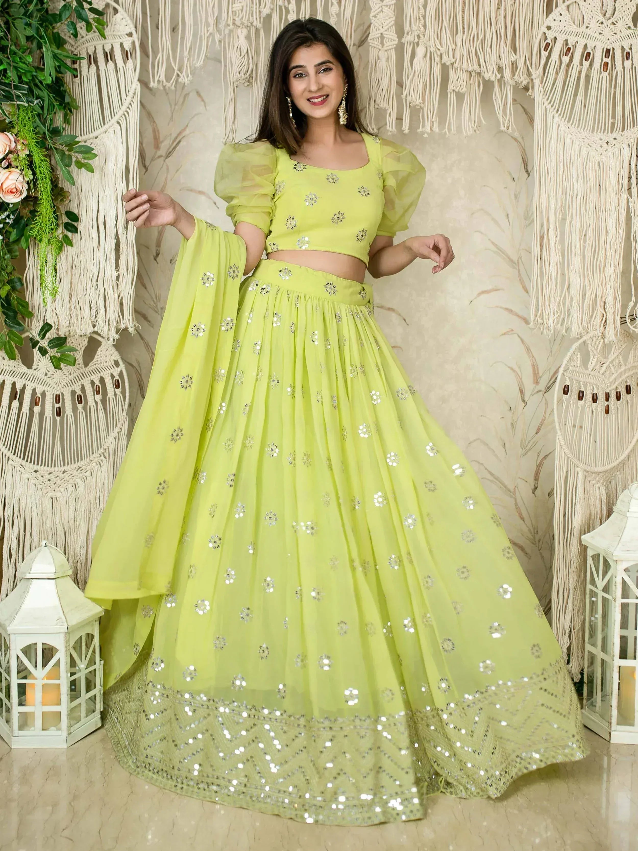 Tulsi Art Glamorous Lime Green Sequins Georgette Wedding Wear Lehenga Choli - Dista