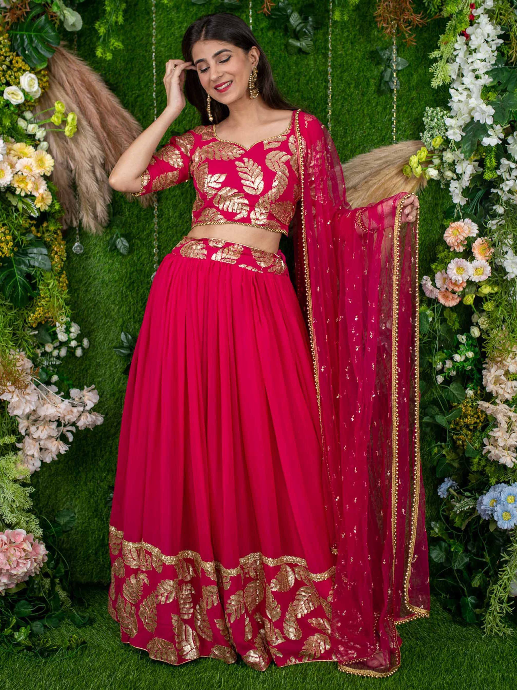 Tulsi Art Astonishing Pink Zari Embroidered Georgette Lehenga Choli With Dupatta - Dista