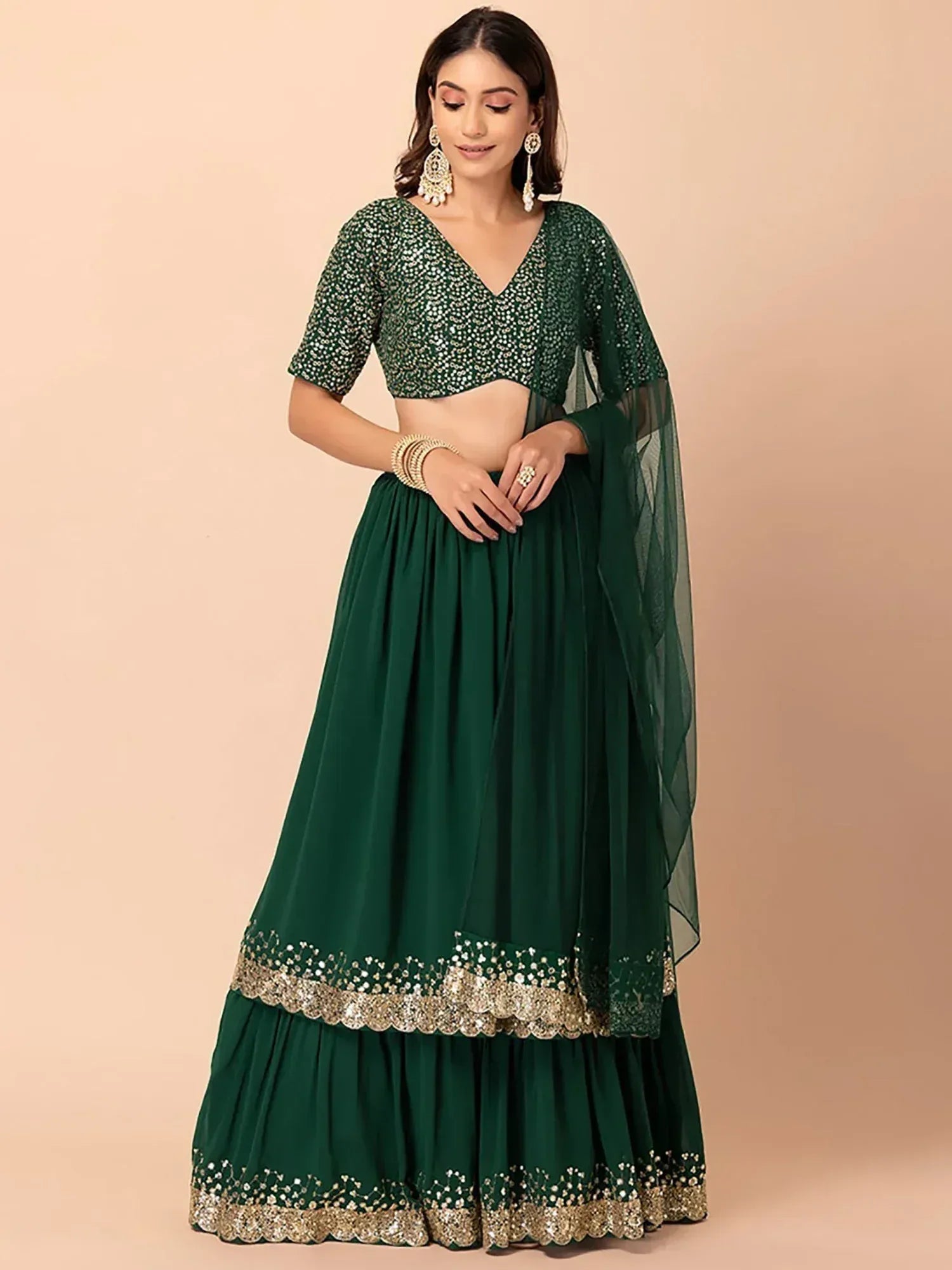 Tulsi Art Amazing Green Sequins Georgette Reception Wear Lehenga Choli - Dista