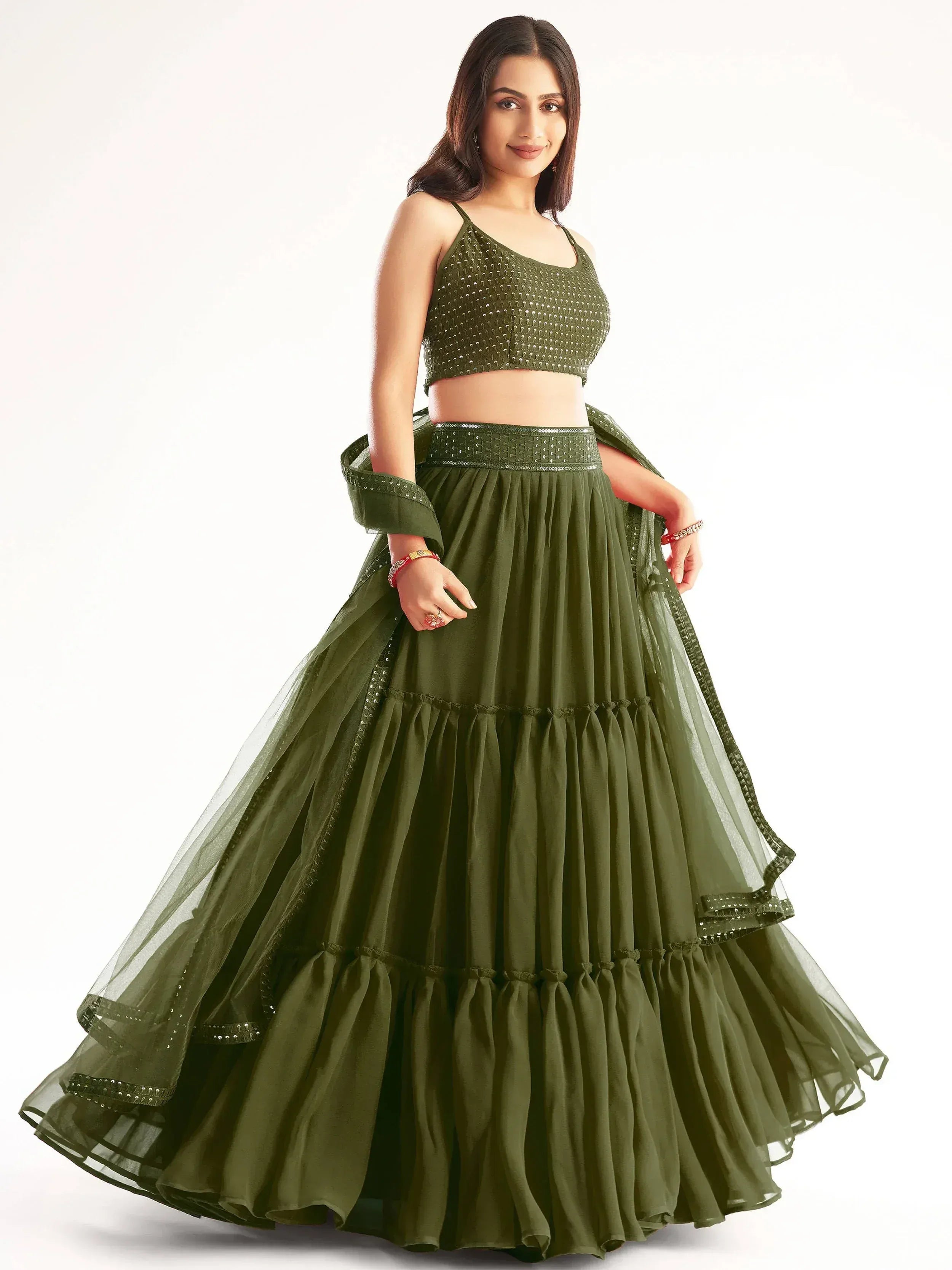 Tulsi Art Precious Mehendi Green Georgette Lehenga Choli With Net Dupatta - Dista
