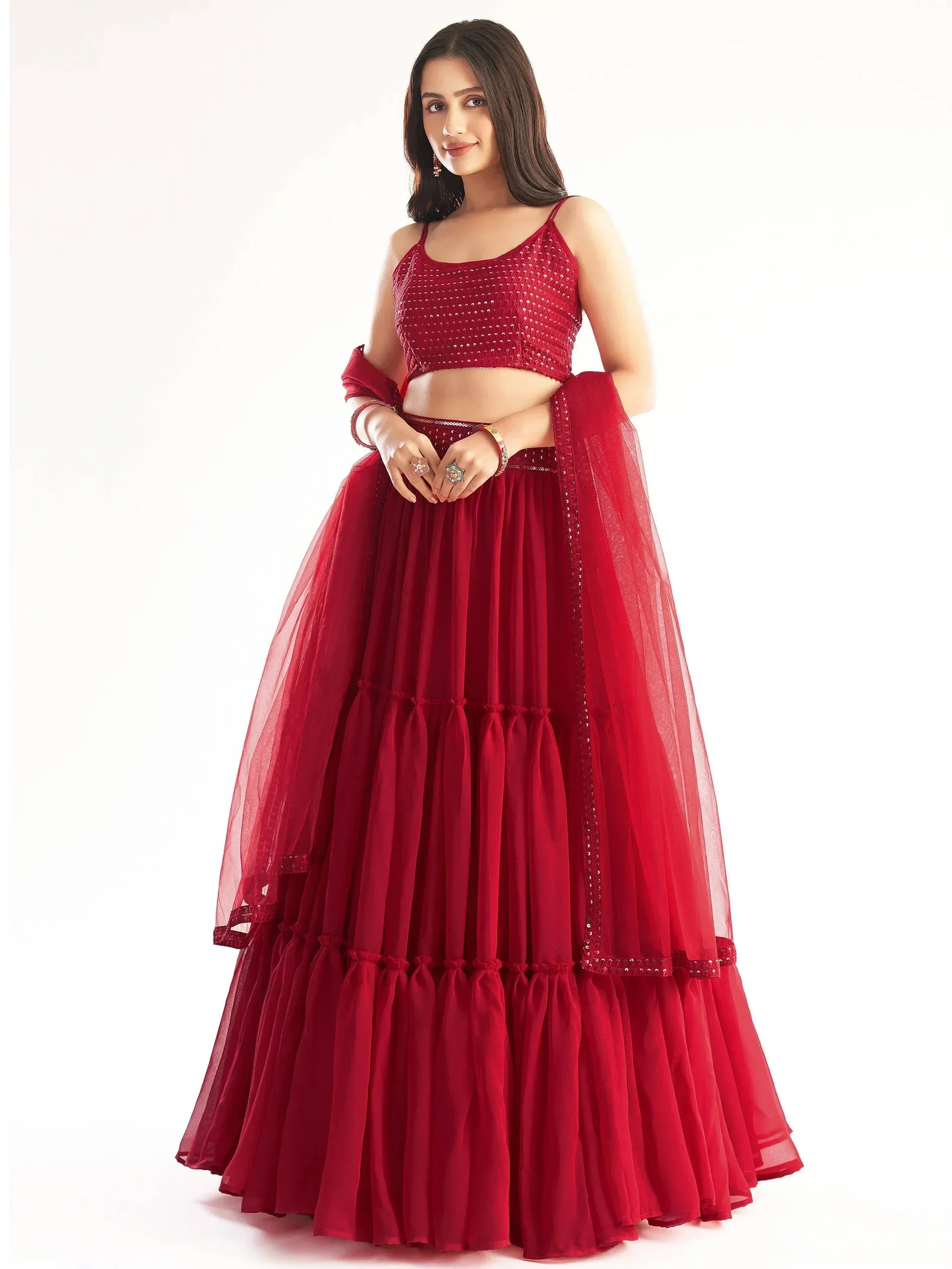 Tulsi Art Delightful Red Georgette Party Wear Lehenga Choli With Dupatta - Dista