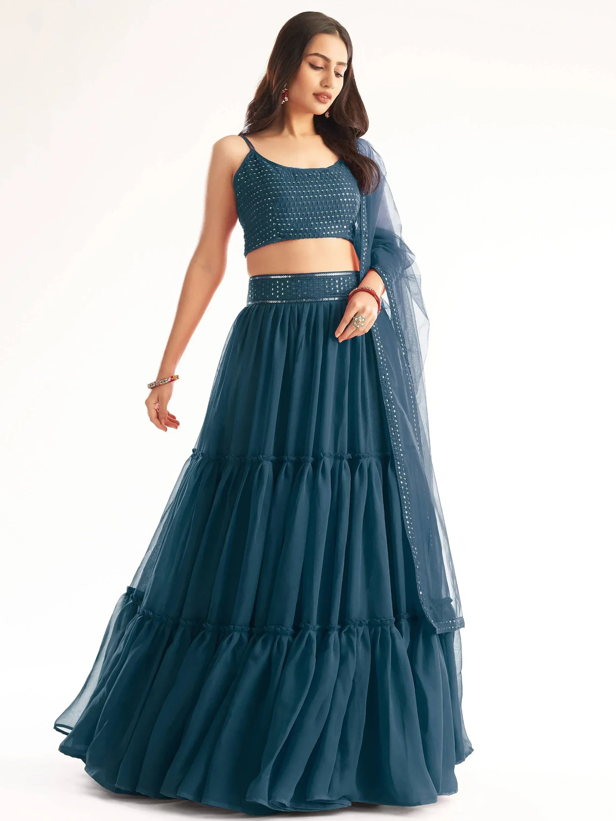 Tulsi Art Adorable Teal Blue Georgette Party Wear Lehenga With Sequins Choli - Dista