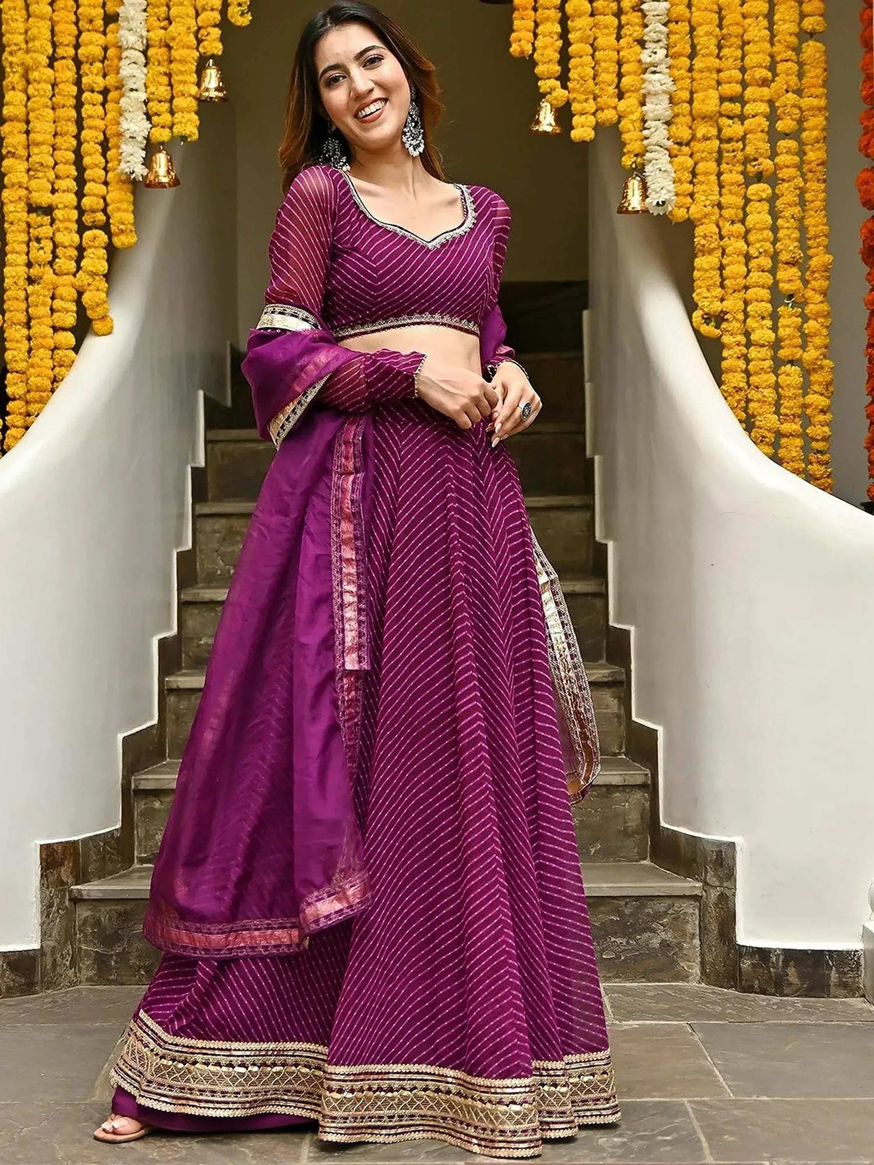 Tulsi Art Sweet Purple Leheriya Printed Georgette Wedding Wear Lehenga Choli - Dista