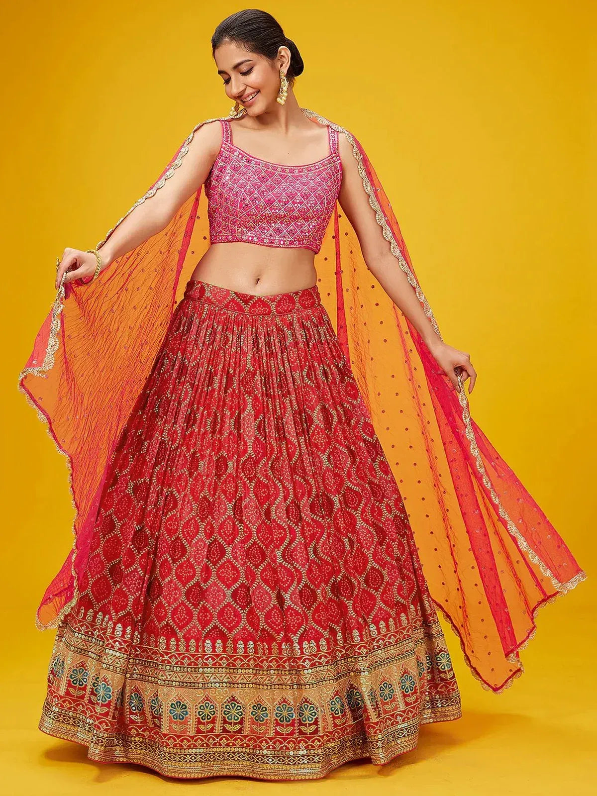 Tulsi Art Enchanting Pink Sequins Georgette Sangeet Wear Lehenga Choli - Dista