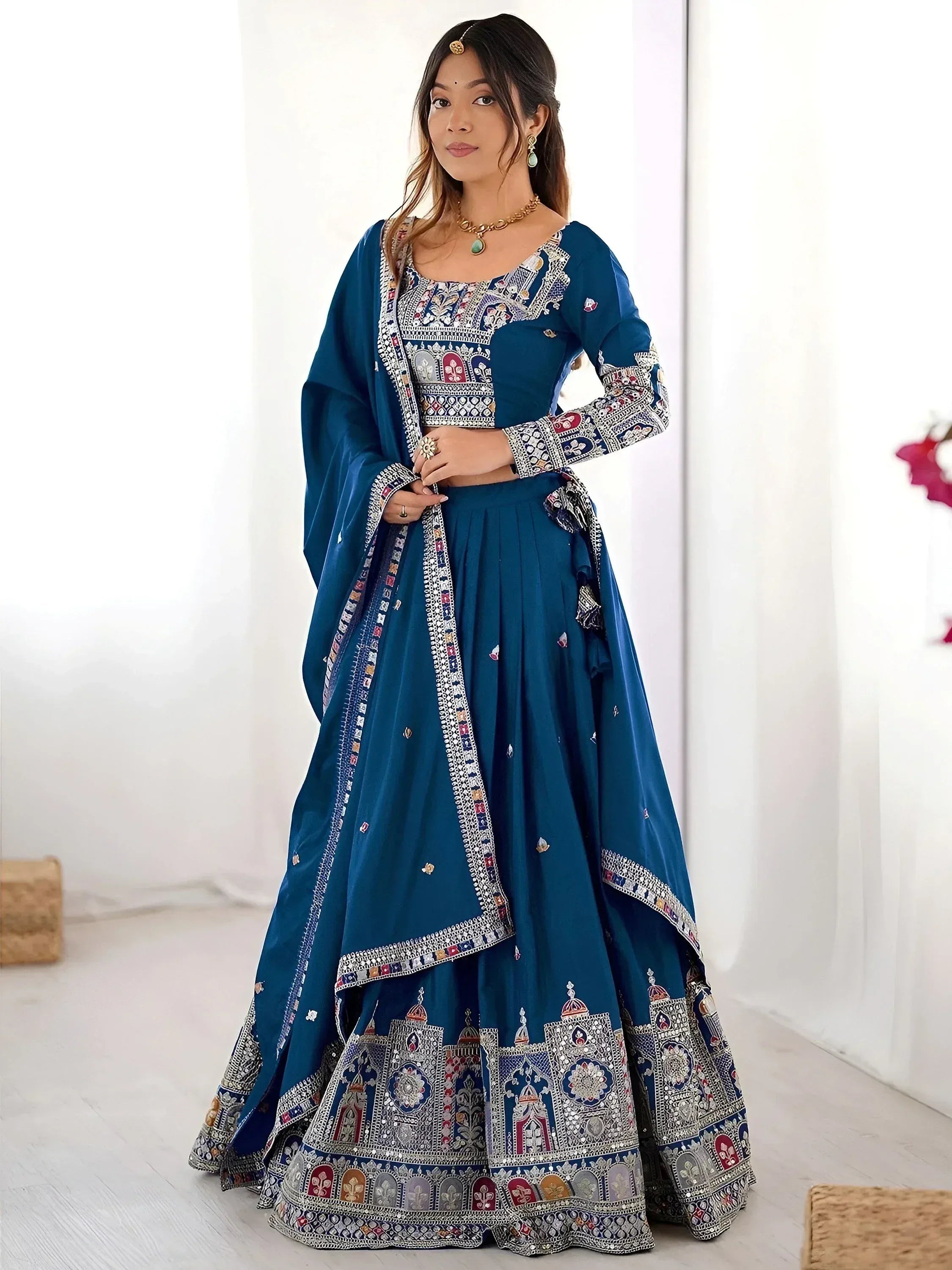 Tulsi Art Beautiful Dove Blue Sequins Crepe Wedding Lehenga Choli With Dupatta - Dista